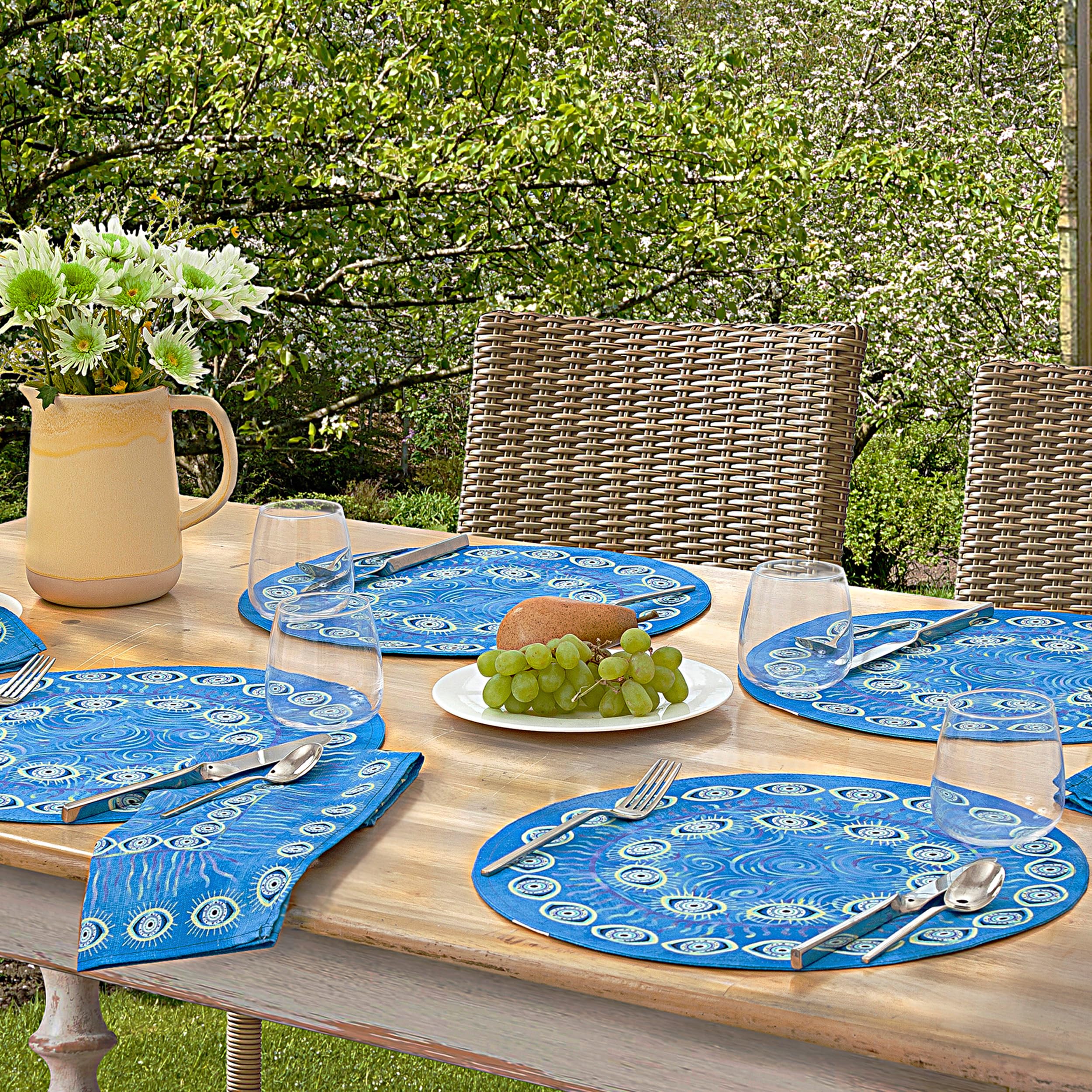 Home Bargains Plus Blue Mediterranean Medallion Fabric Placemats, Coastal Greek Isles Pattern, Wrinkle and Stain Resistant Table Mats, Set of - Image 3