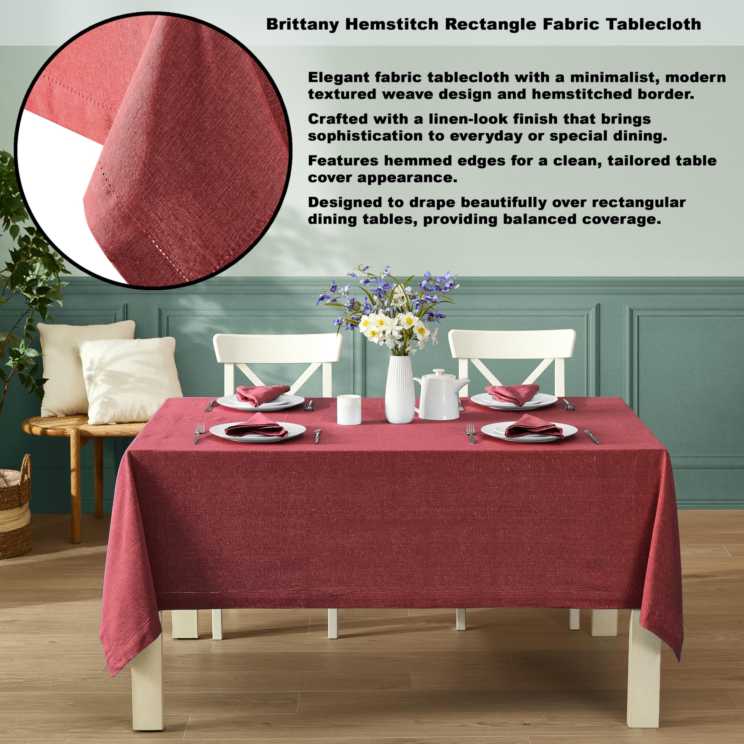 Home Bargains Plus Brittany Hemstitch Wine 52 x 70 Inch Cotton Tablecloth – Rectangle Fabric Table Cover, Solid Color, Machine Washable, for Indoor and Outdoor Dining - Image 3