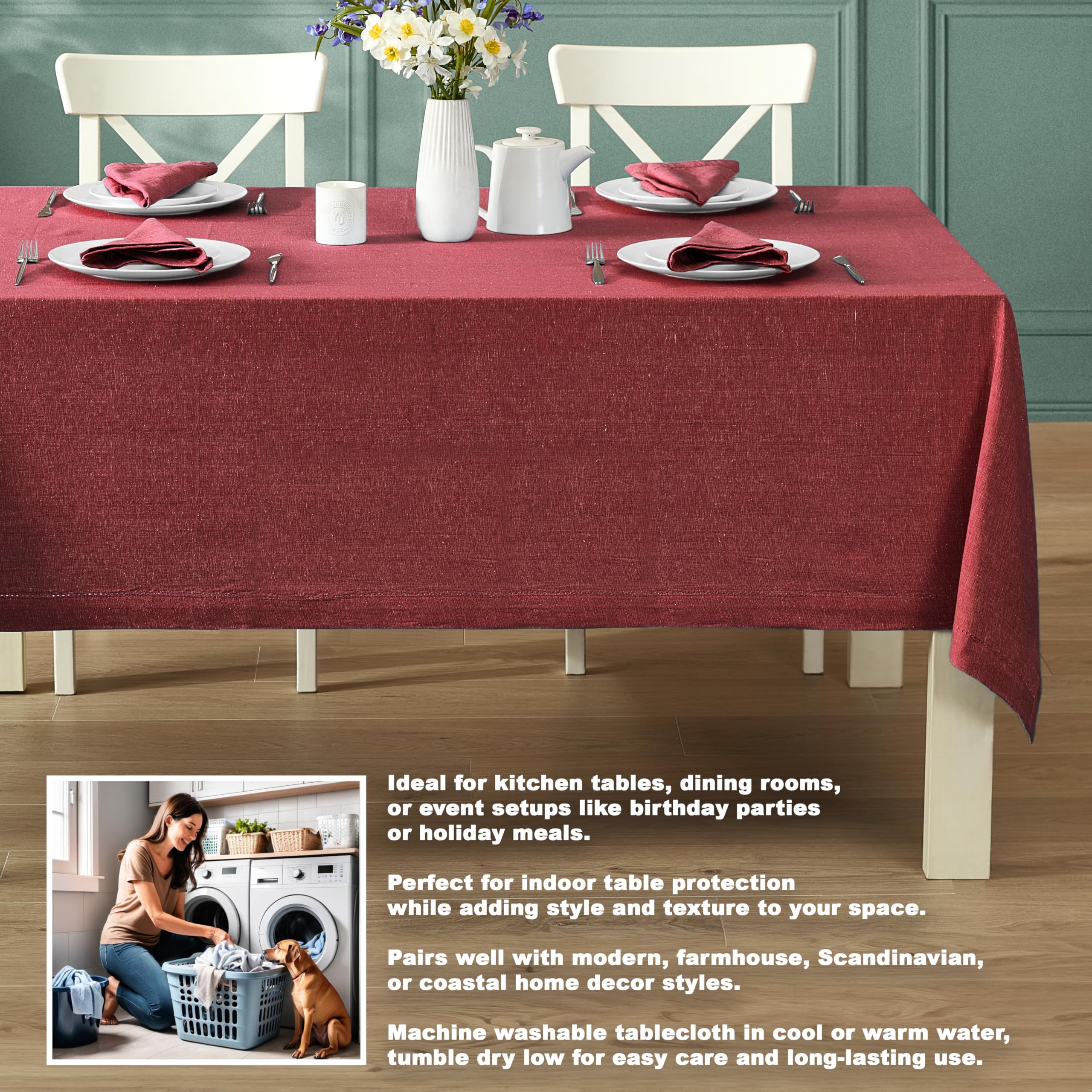 Home Bargains Plus Brittany Hemstitch Wine 52 x 70 Inch Cotton Tablecloth – Rectangle Fabric Table Cover, Solid Color, Machine Washable, for Indoor and Outdoor Dining - Image 4