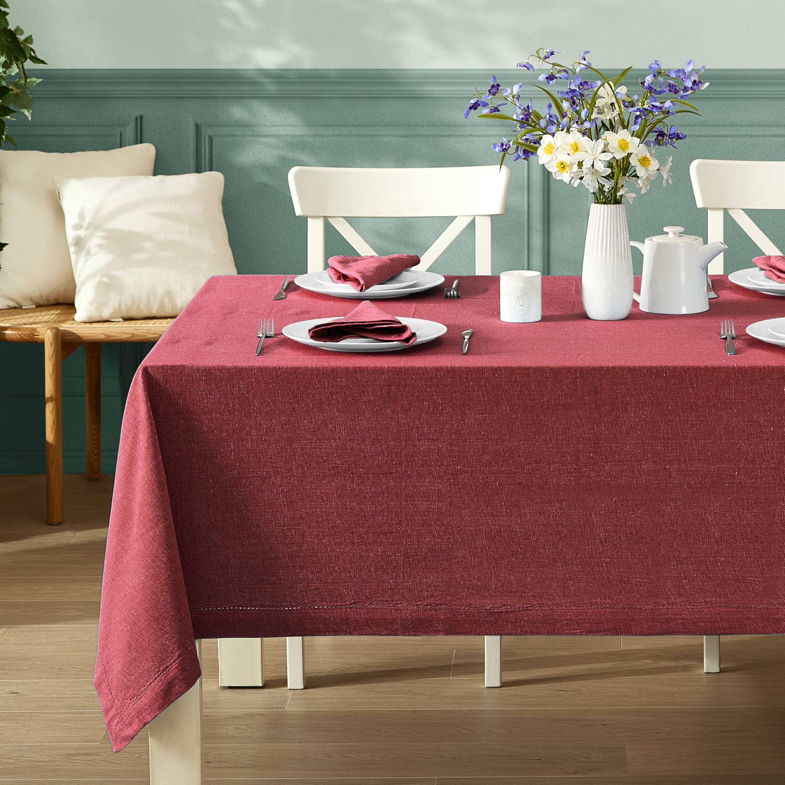 Home Bargains Plus Brittany Hemstitch Wine 52 x 70 Inch Cotton Tablecloth – Rectangle Fabric Table Cover, Solid Color, Machine Washable, for Indoor and Outdoor Dining - Image 6
