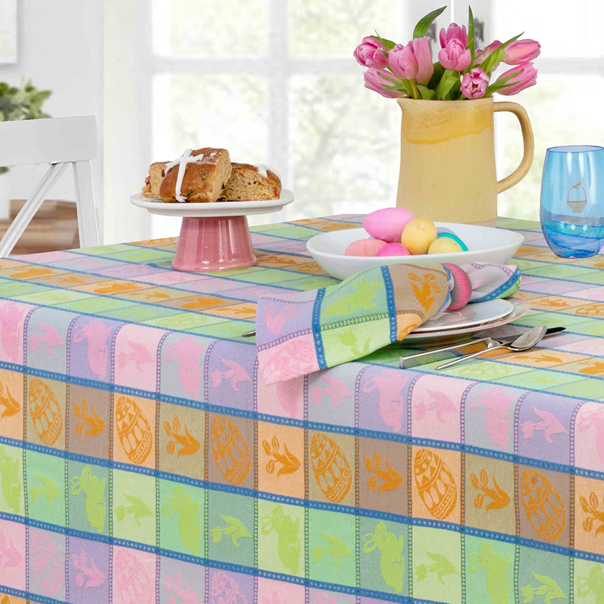 Home Bargains Plus Bunny Jubilee Easter Patchwork Woven Plaid Cotton Tablecloth, Pastel Easter Egg and Floral Plaid Woven Spring Fabric Tablecloth, 70” Round - Image 3