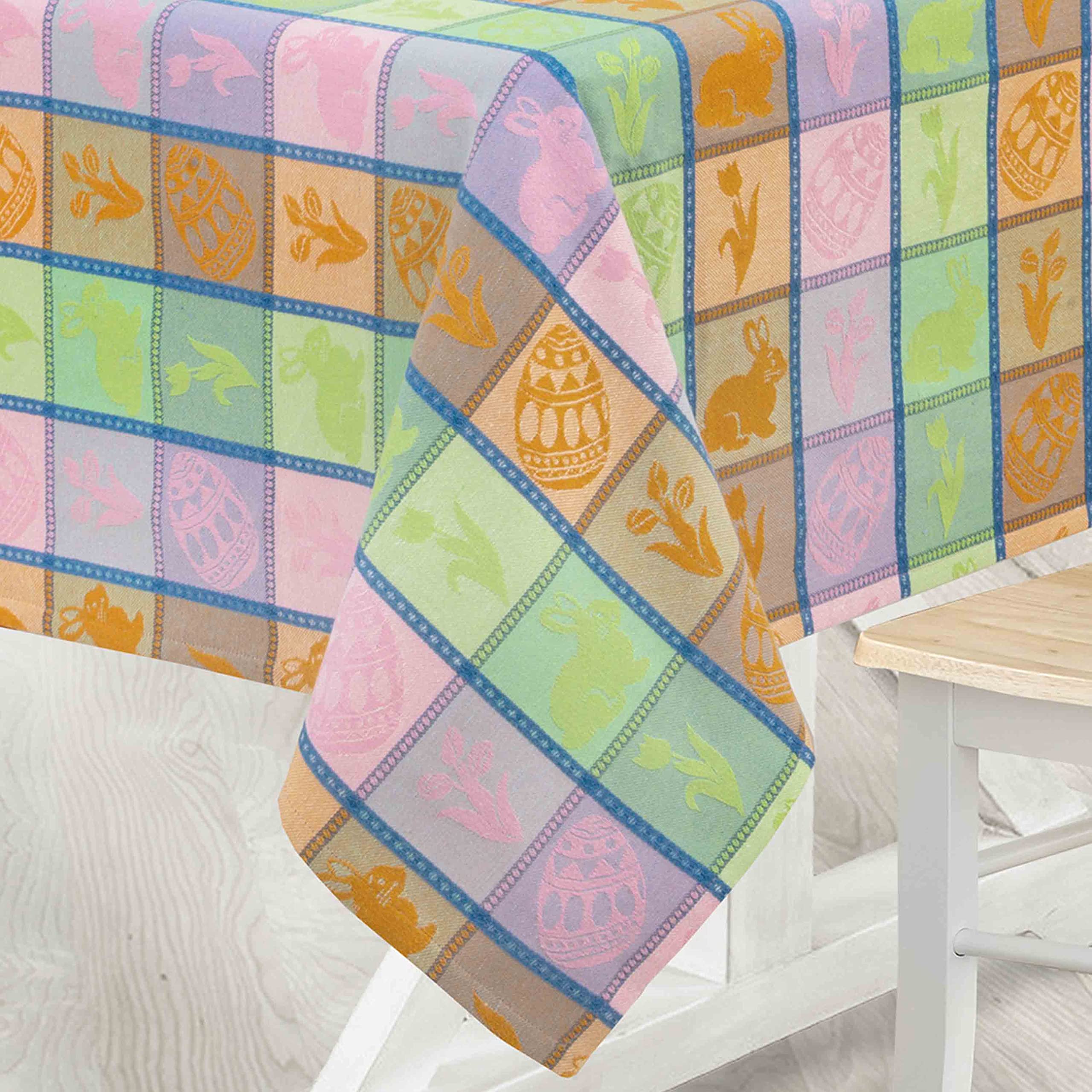 Home Bargains Plus Bunny Jubilee Easter Patchwork Woven Plaid Cotton Tablecloth, Pastel Easter Egg and Floral Plaid Woven Spring Fabric Tablecloth, 70” Round - Image 7