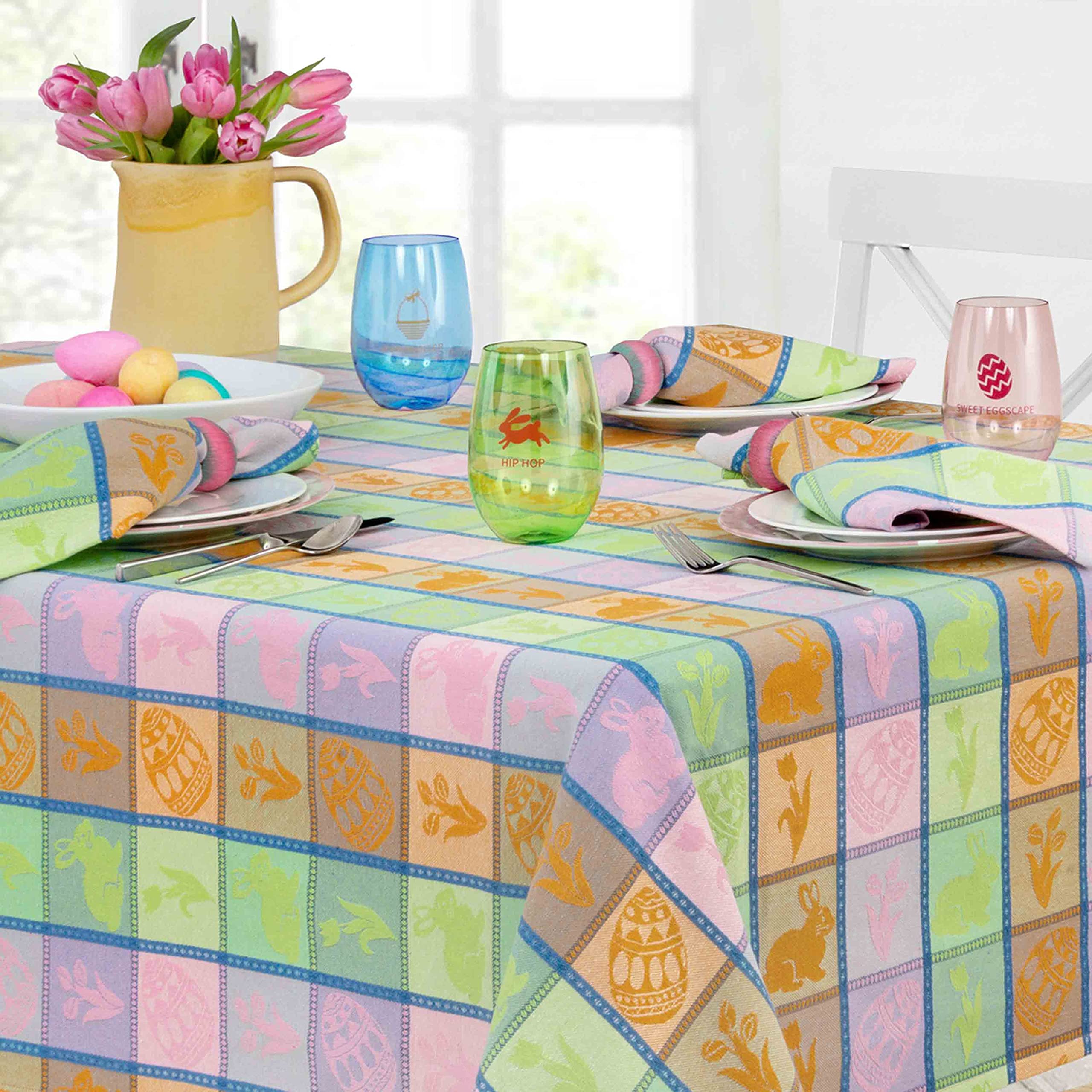 Home Bargains Plus Bunny Jubilee Easter Patchwork Woven Plaid Cotton Tablecloth, Pastel Easter Egg and Floral Plaid Woven Spring Fabric Tablecloth, 70” Round - Image 8