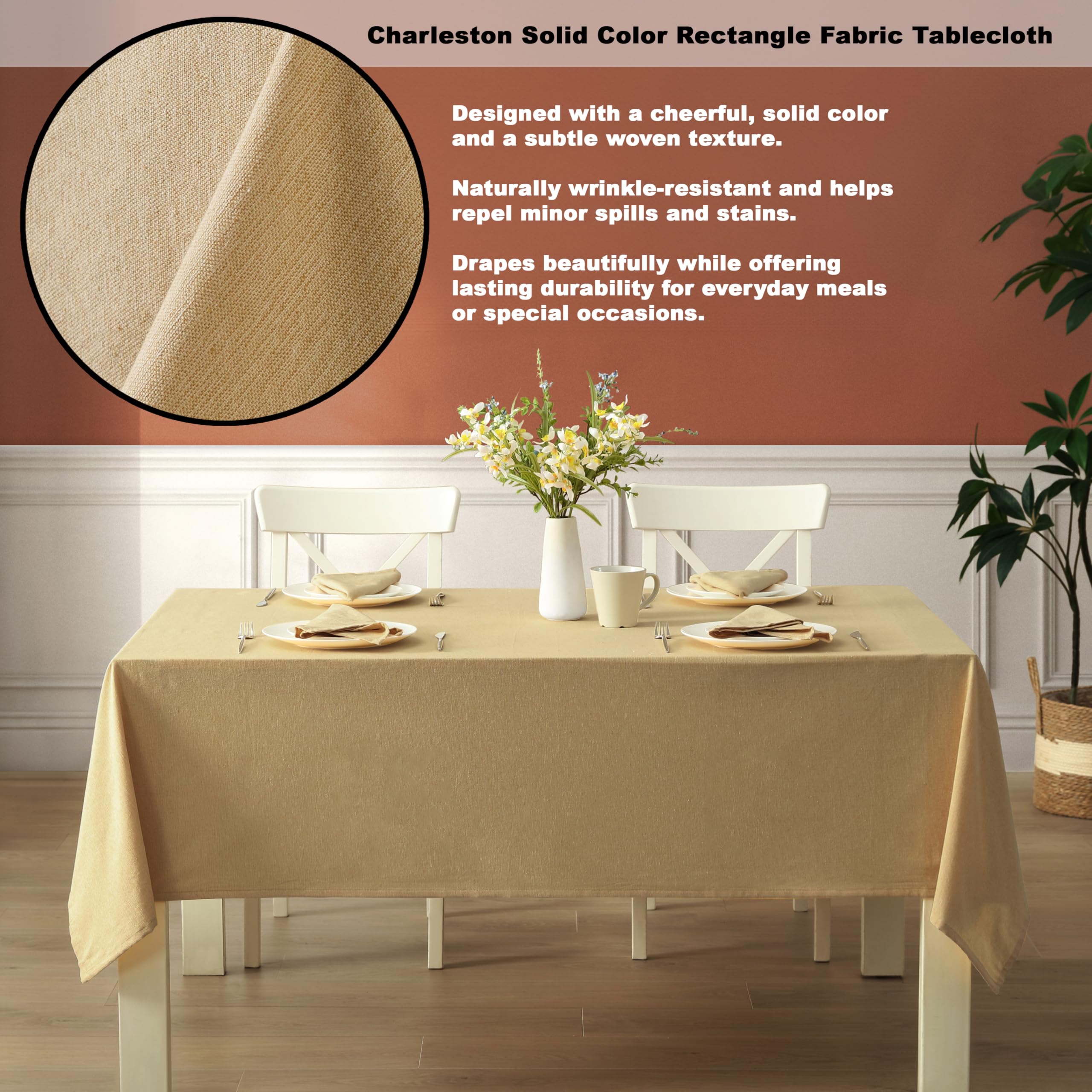 Home Bargains Plus Charleston Beige 52 x 70 inch Rectangle Fabric Tablecloth, Cotton Table Cover for Indoor Outdoor Dining, Machine Washable Solid Color Tablecloths for Everyday Use - Image 3