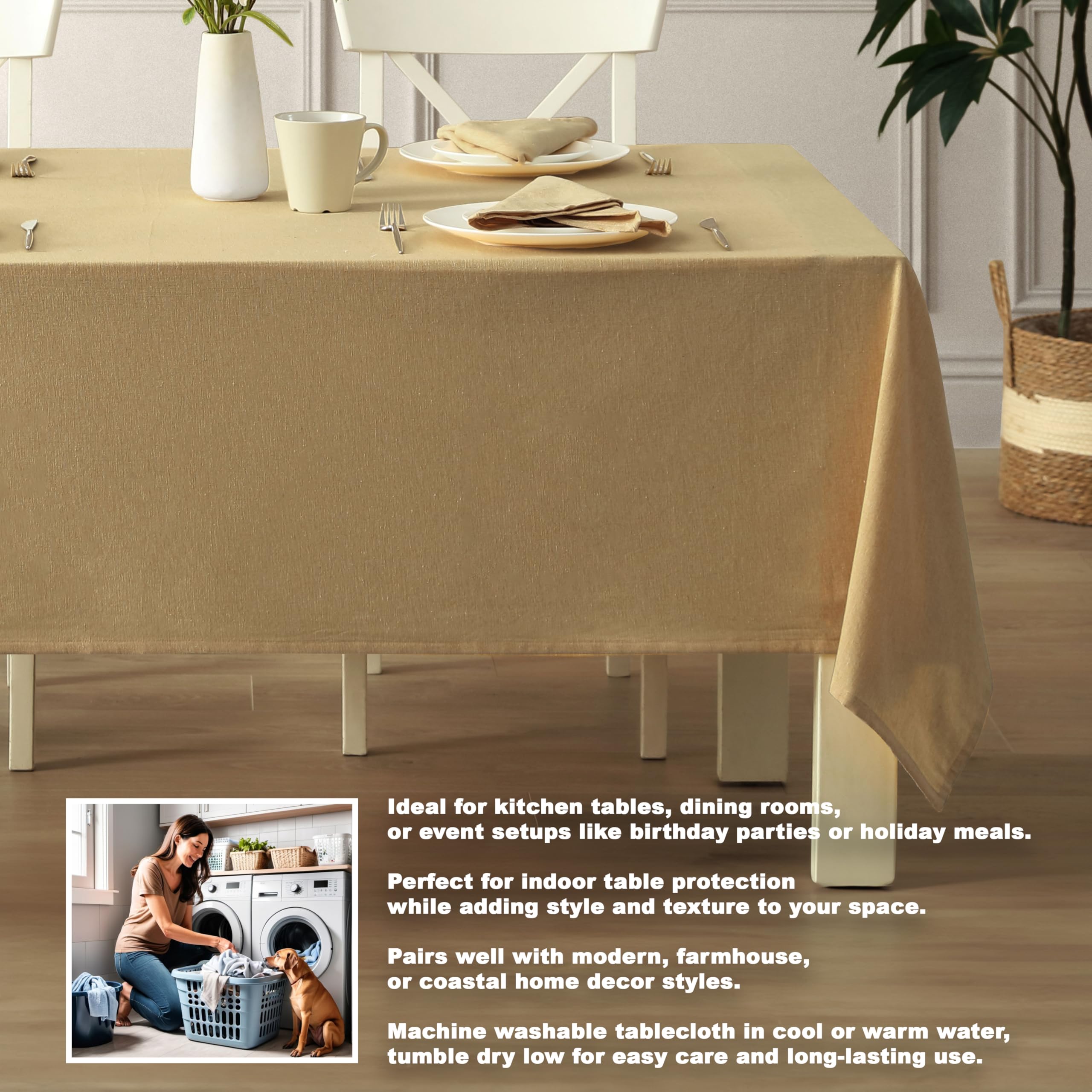 Home Bargains Plus Charleston Beige 52 x 70 inch Rectangle Fabric Tablecloth, Cotton Table Cover for Indoor Outdoor Dining, Machine Washable Solid Color Tablecloths for Everyday Use - Image 4