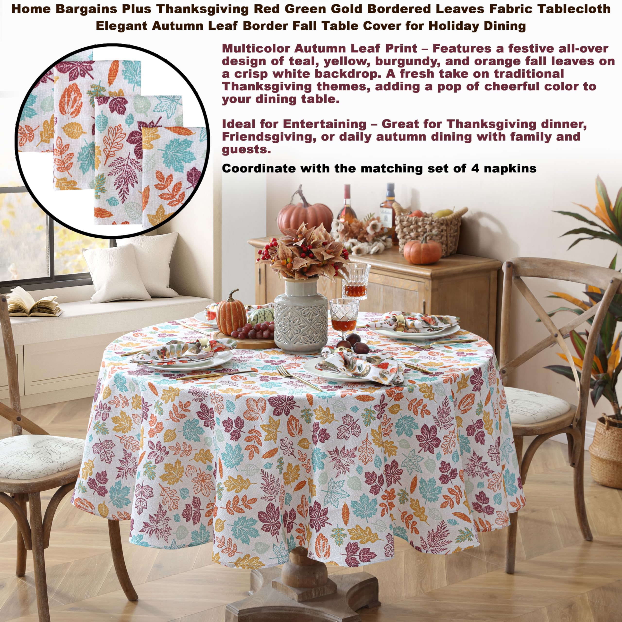 Home Bargains Plus Cranston Blue Leaves Fabric Tablecloth, 70 Inch Round, Multicolor Botanical Leaf Print, Easy Care Fabric Dining Table Cover - Image 3