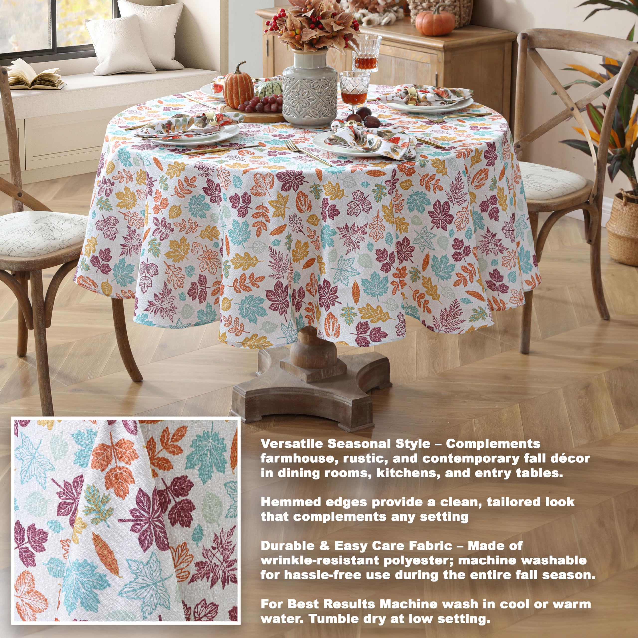Home Bargains Plus Cranston Blue Leaves Fabric Tablecloth, 70 Inch Round, Multicolor Botanical Leaf Print, Easy Care Fabric Dining Table Cover - Image 4