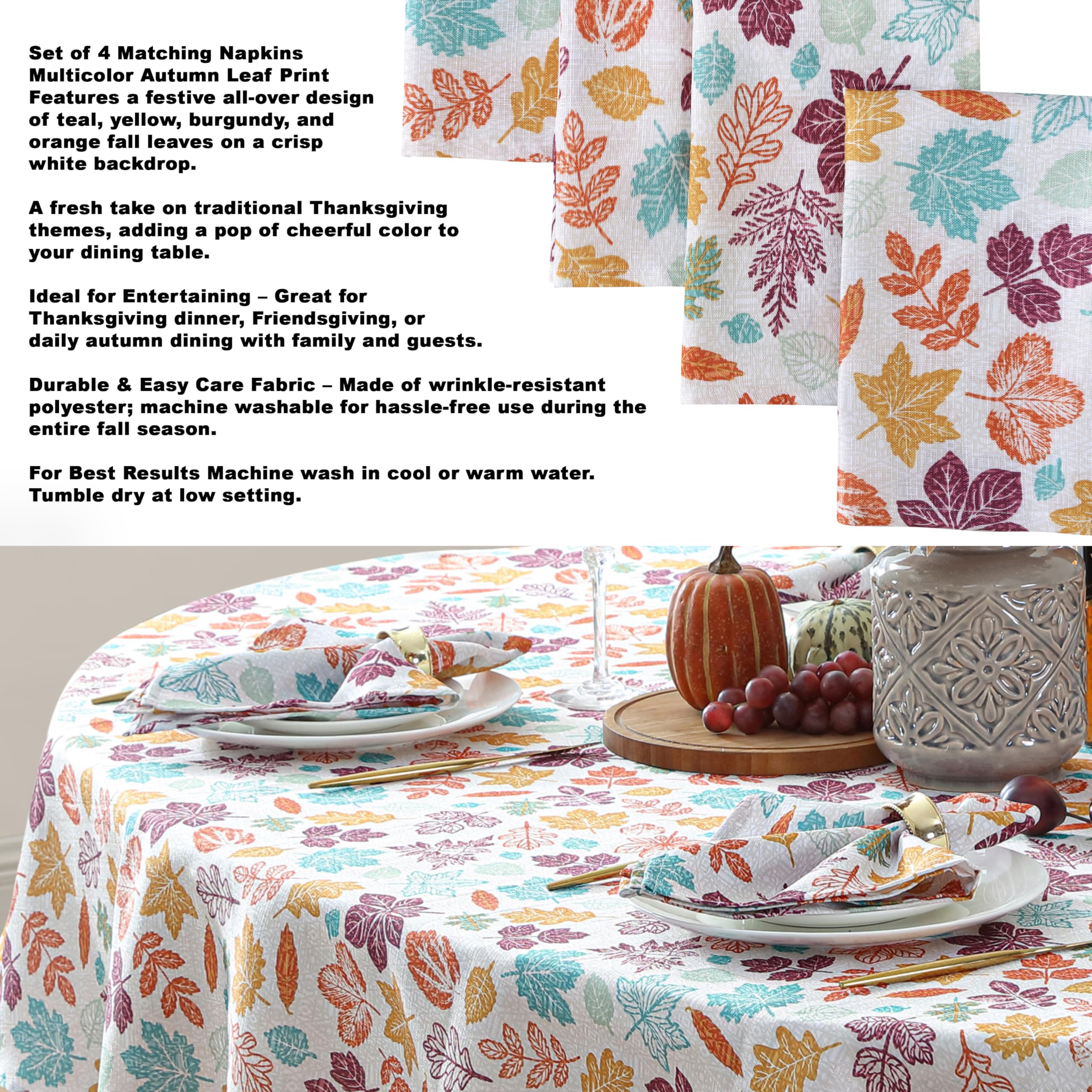 Home Bargains Plus Cranston Blue Leaves Fabric Tablecloth, 70 Inch Round, Multicolor Botanical Leaf Print, Easy Care Fabric Dining Table Cover - Image 5