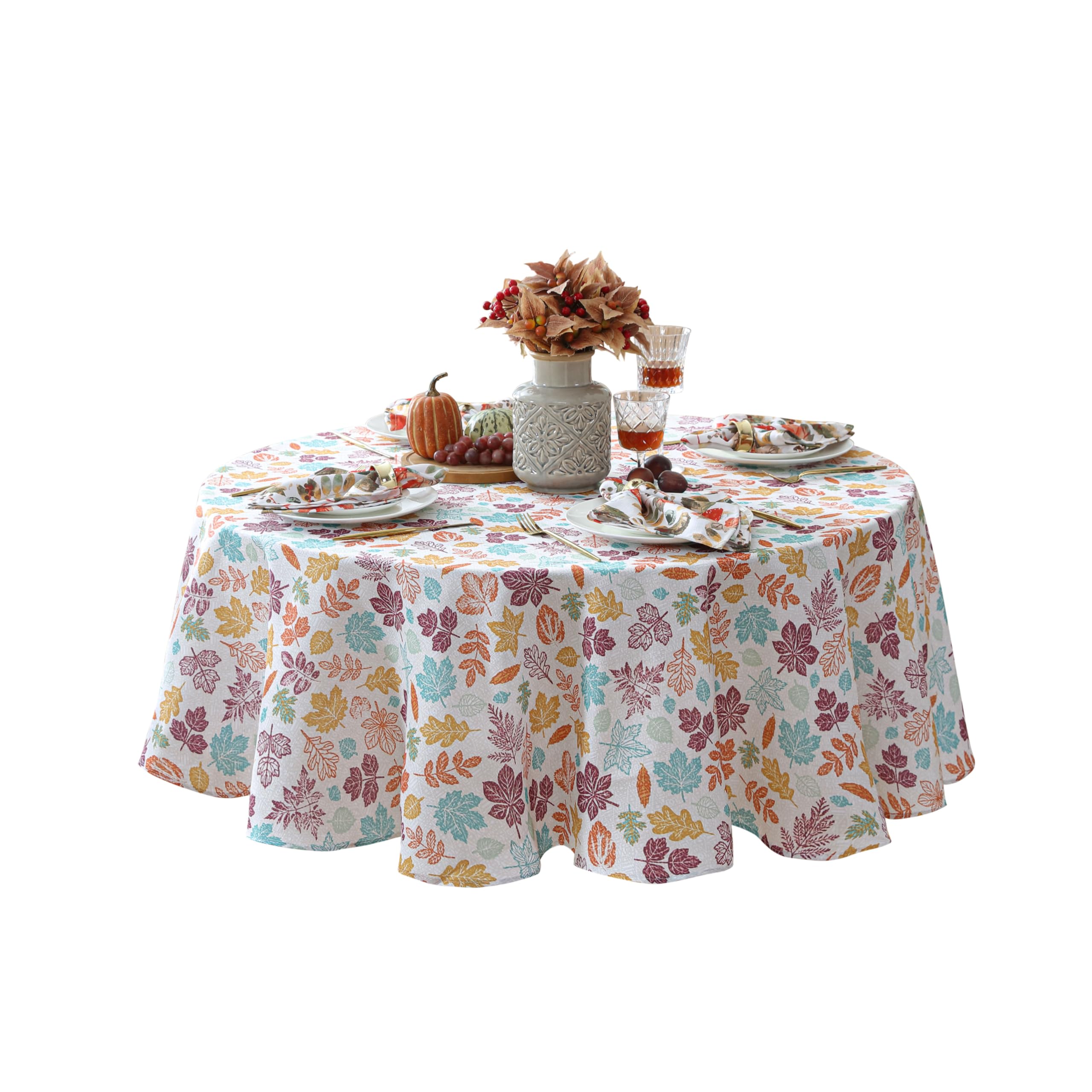 Home Bargains Plus Cranston Blue Leaves Fabric Tablecloth, 70 Inch Round, Multicolor Botanical Leaf Print, Easy Care Fabric Dining Table Cover - Image 6