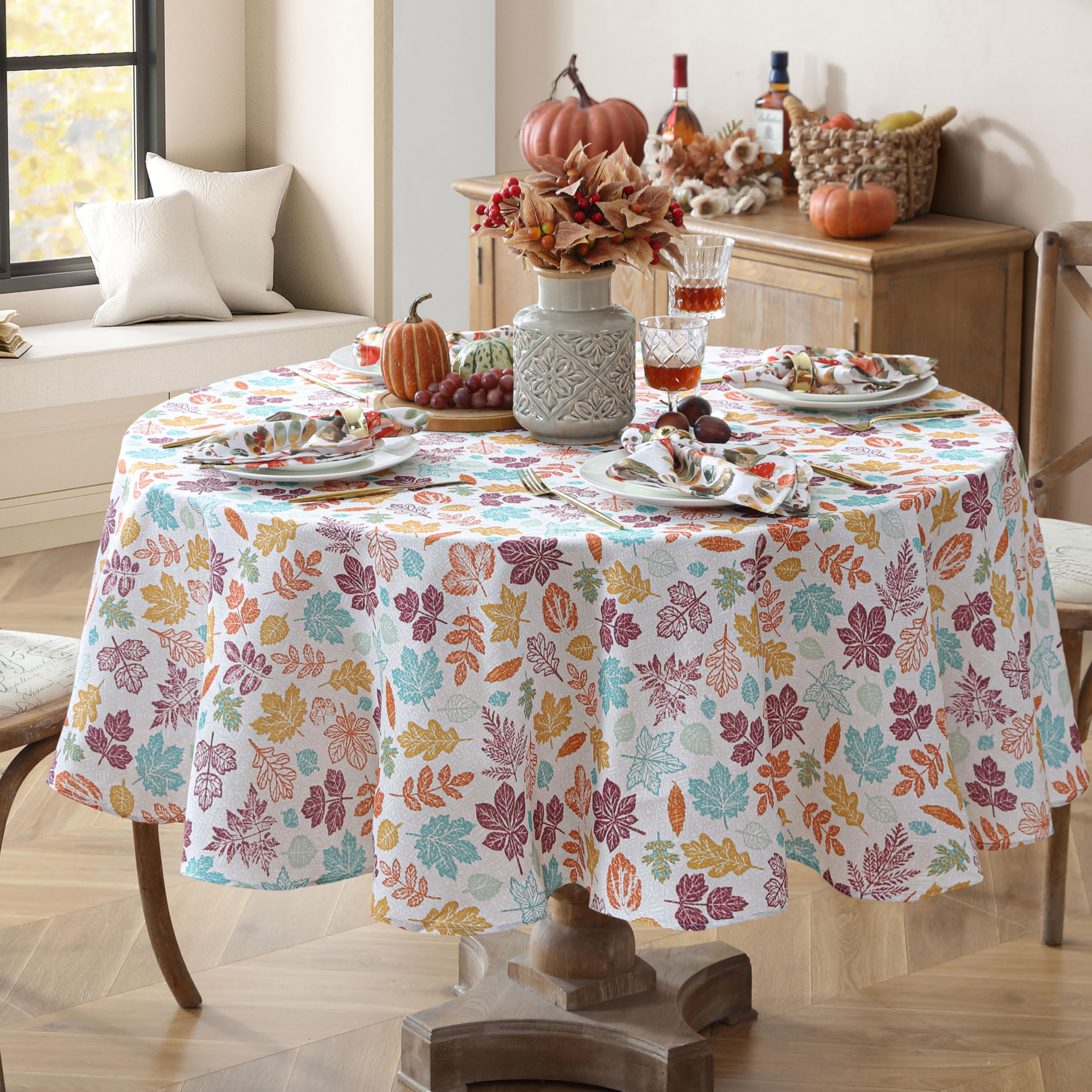Home Bargains Plus Cranston Blue Leaves Fabric Tablecloth, 70 Inch Round, Multicolor Botanical Leaf Print, Easy Care Fabric Dining Table Cover - Image 7