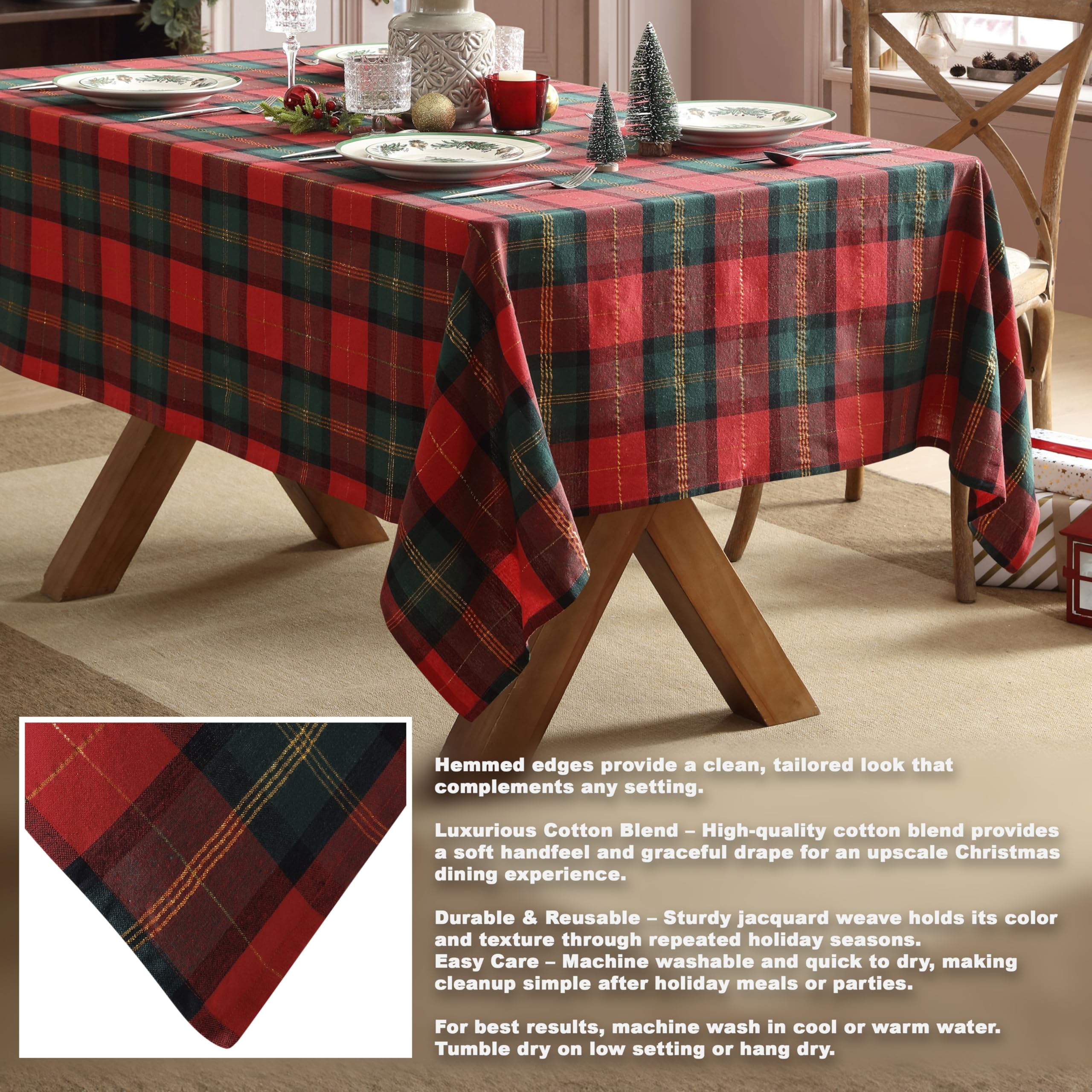 Home Bargains Plus Dancer Plaid Fabric Tablecloth, 52 x 70 Inch Rectangle, Red and Green Holiday Check Pattern, 100% Cotton Blend Christmas Table Cover for Festive Dining and Seasonal Decor - Image 3