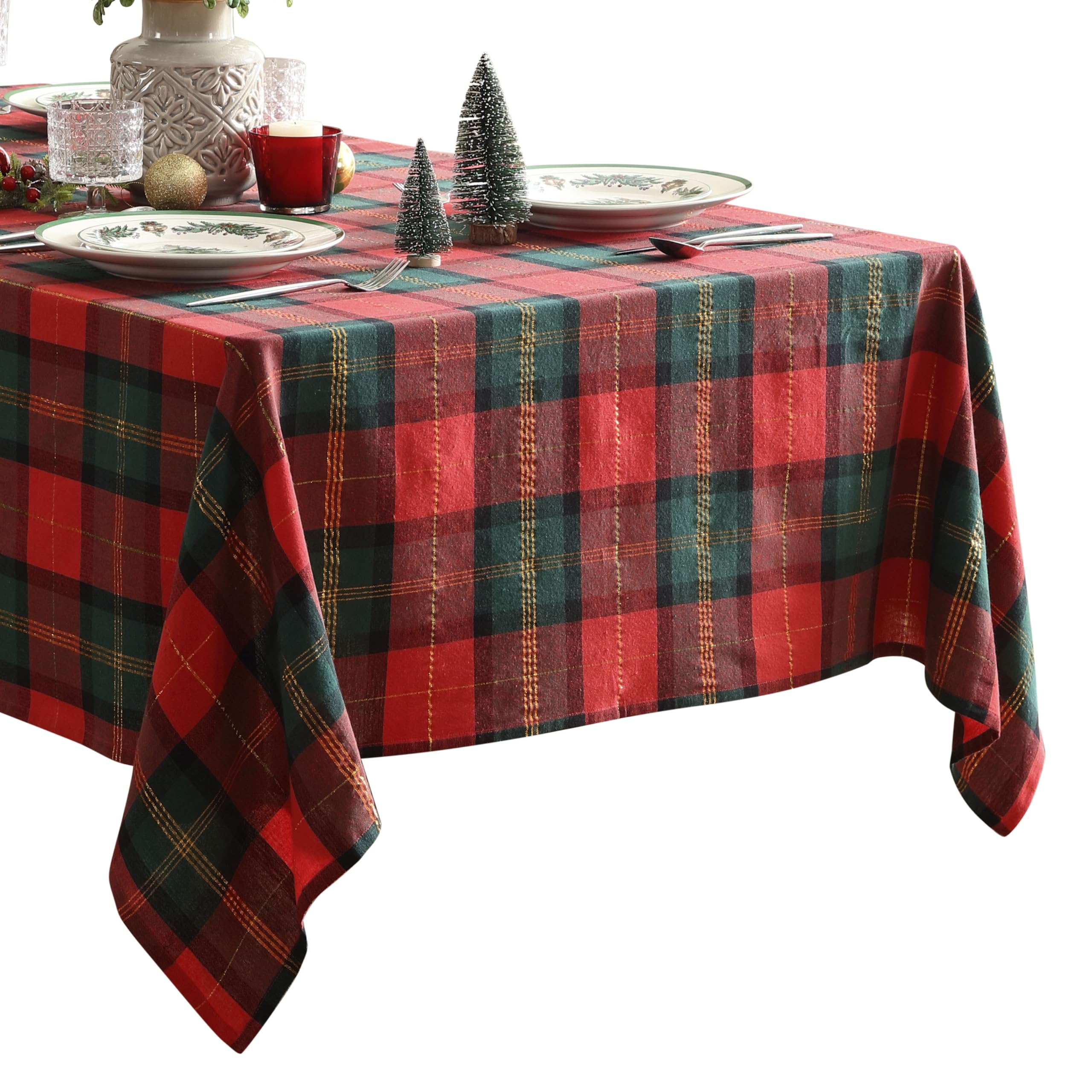 Home Bargains Plus Dancer Plaid Fabric Tablecloth, 52 x 70 Inch Rectangle, Red and Green Holiday Check Pattern, 100% Cotton Blend Christmas Table Cover for Festive Dining and Seasonal Decor - Image 4