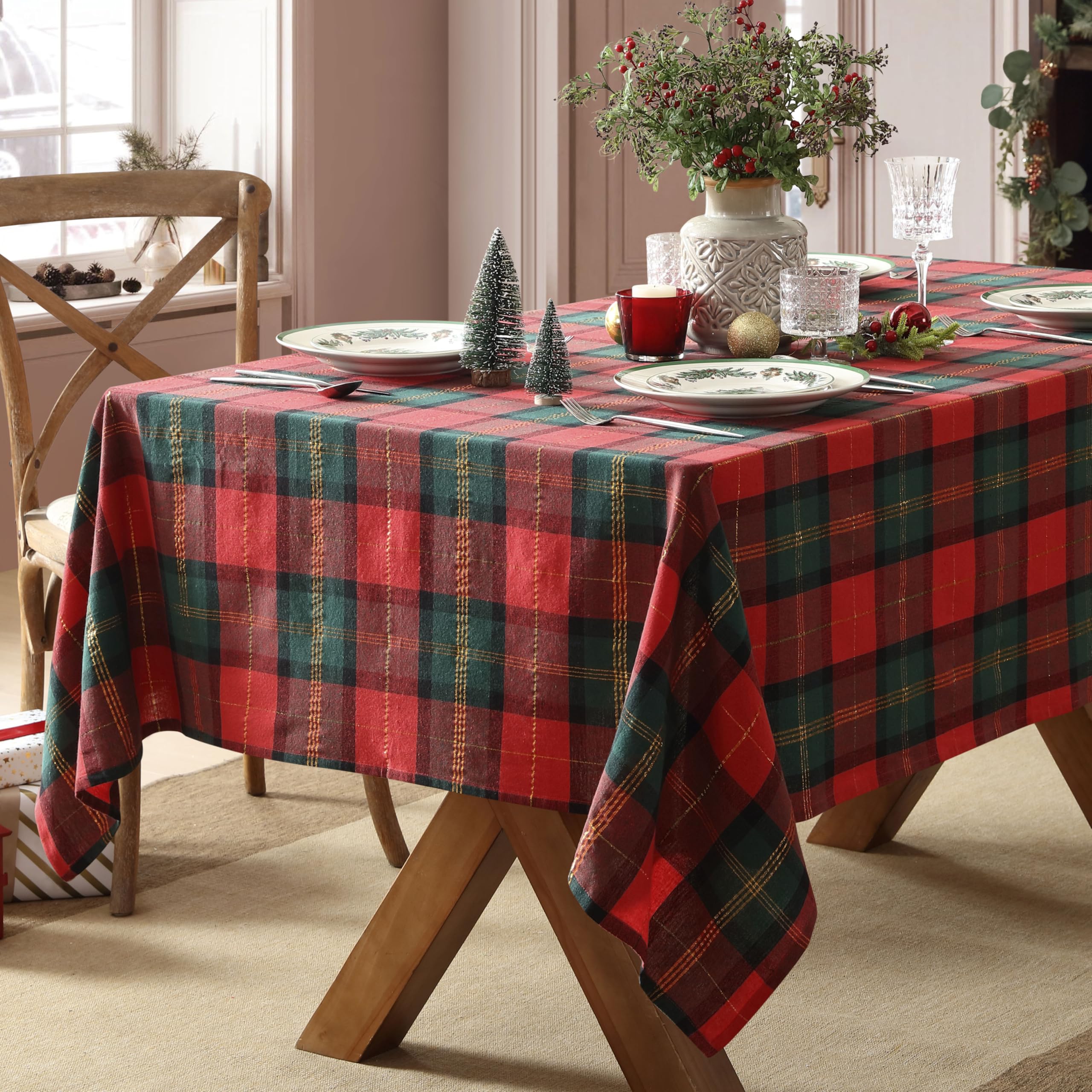 Home Bargains Plus Dancer Plaid Fabric Tablecloth, 52 x 70 Inch Rectangle, Red and Green Holiday Check Pattern, 100% Cotton Blend Christmas Table Cover for Festive Dining and Seasonal Decor - Image 5