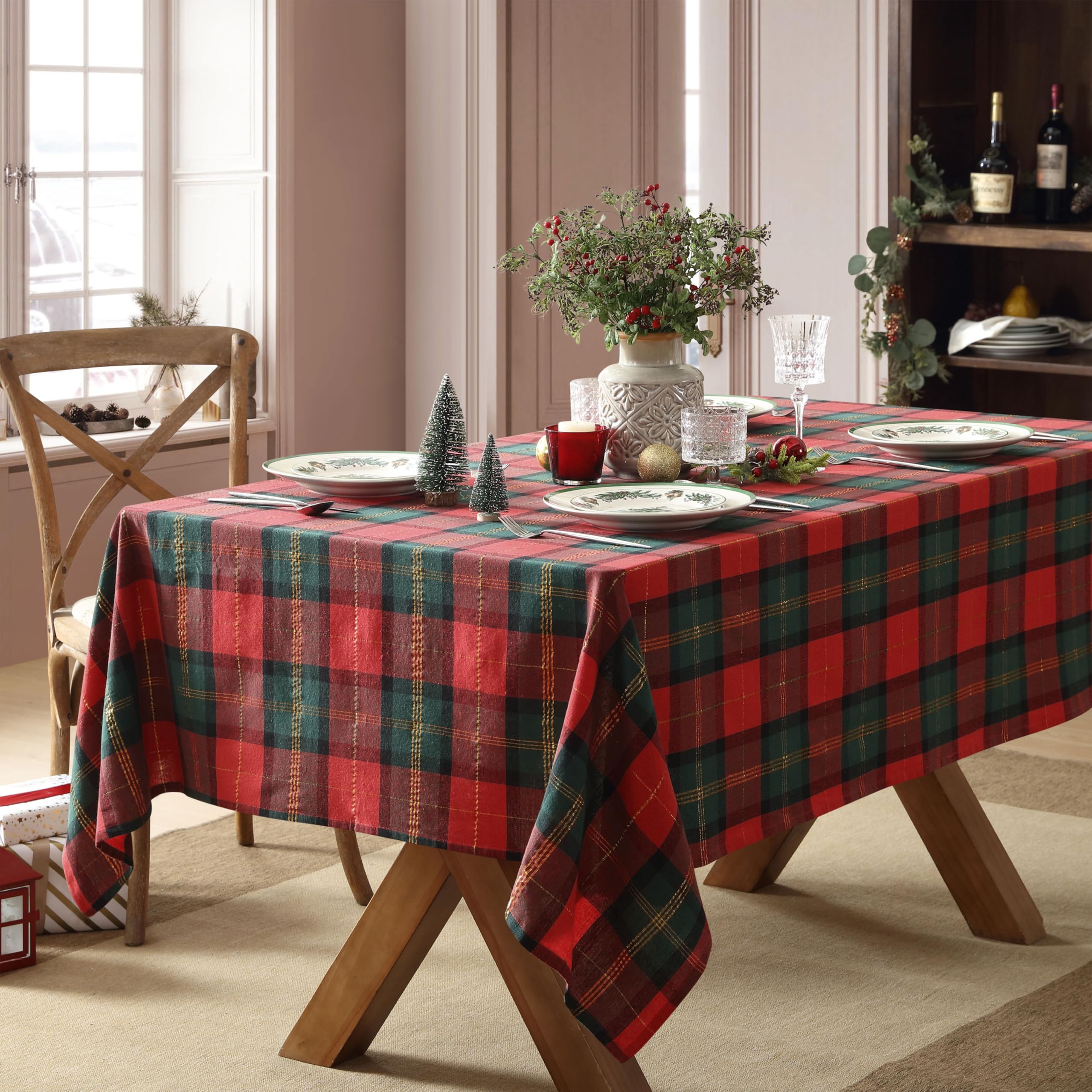 Home Bargains Plus Dancer Plaid Fabric Tablecloth, 52 x 70 Inch Rectangle, Red and Green Holiday Check Pattern, 100% Cotton Blend Christmas Table Cover for Festive Dining and Seasonal Decor - Image 6