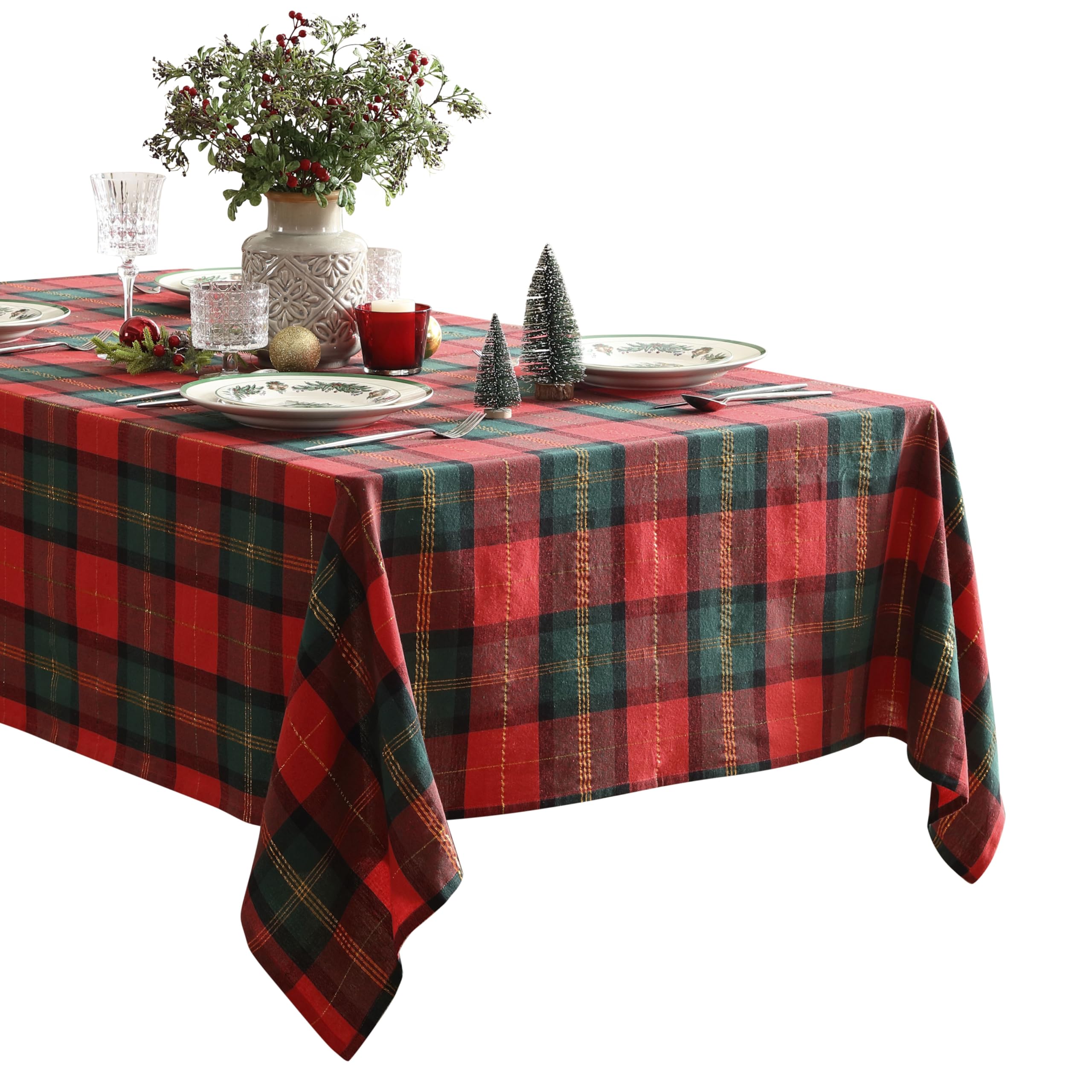 Home Bargains Plus Dancer Plaid Fabric Tablecloth, 52 x 70 Inch Rectangle, Red and Green Holiday Check Pattern, 100% Cotton Blend Christmas Table Cover for Festive Dining and Seasonal Decor - Image 8