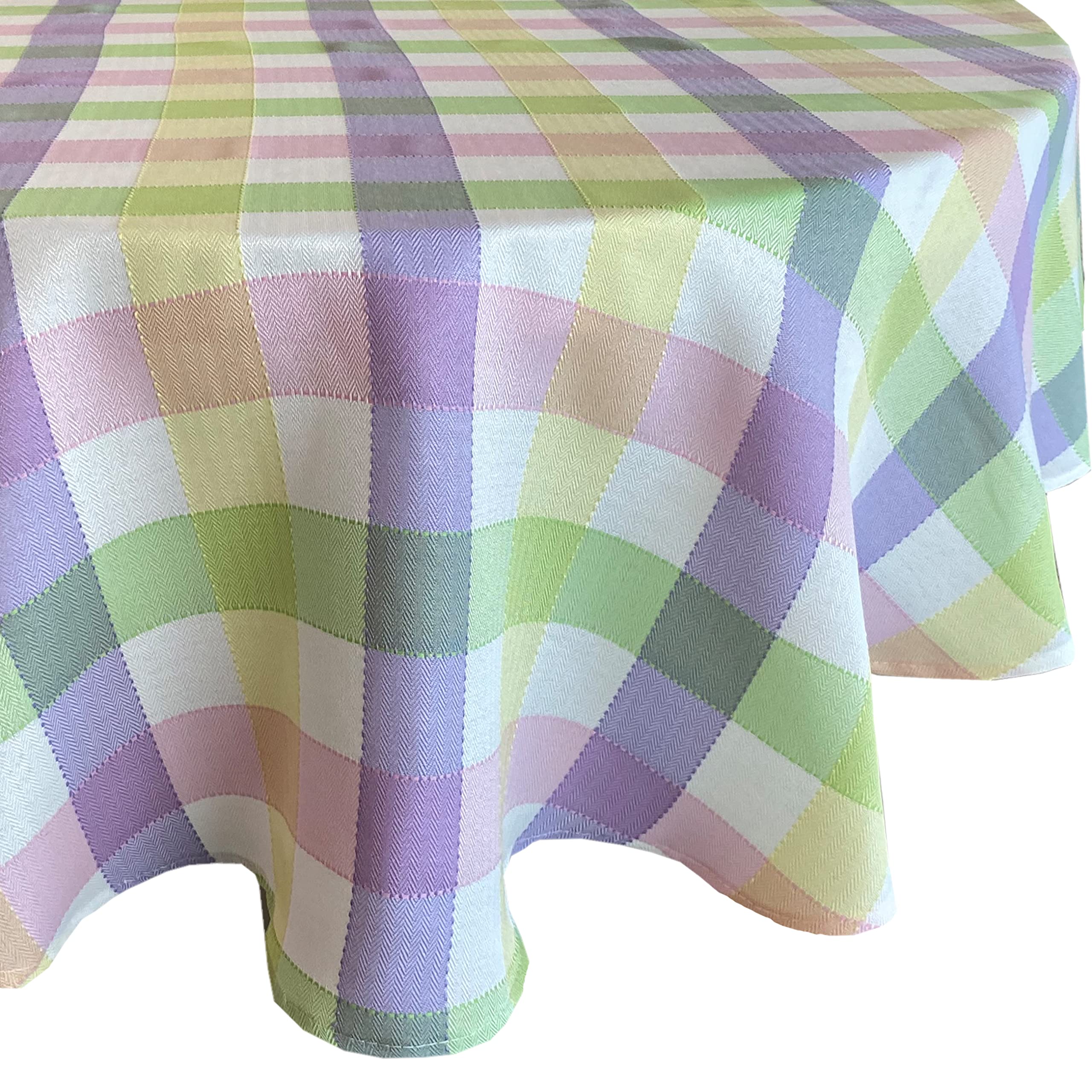 Home Bargains Plus Easter Fiona Plaid Round Fabric Tablecloth, 70 Inch, Indoor Outdoor Stain and Wrinkle Resistant Fabric Table Cloth for Holiday Parties, Yellow Purple Green Pastel Plaid - Image 3