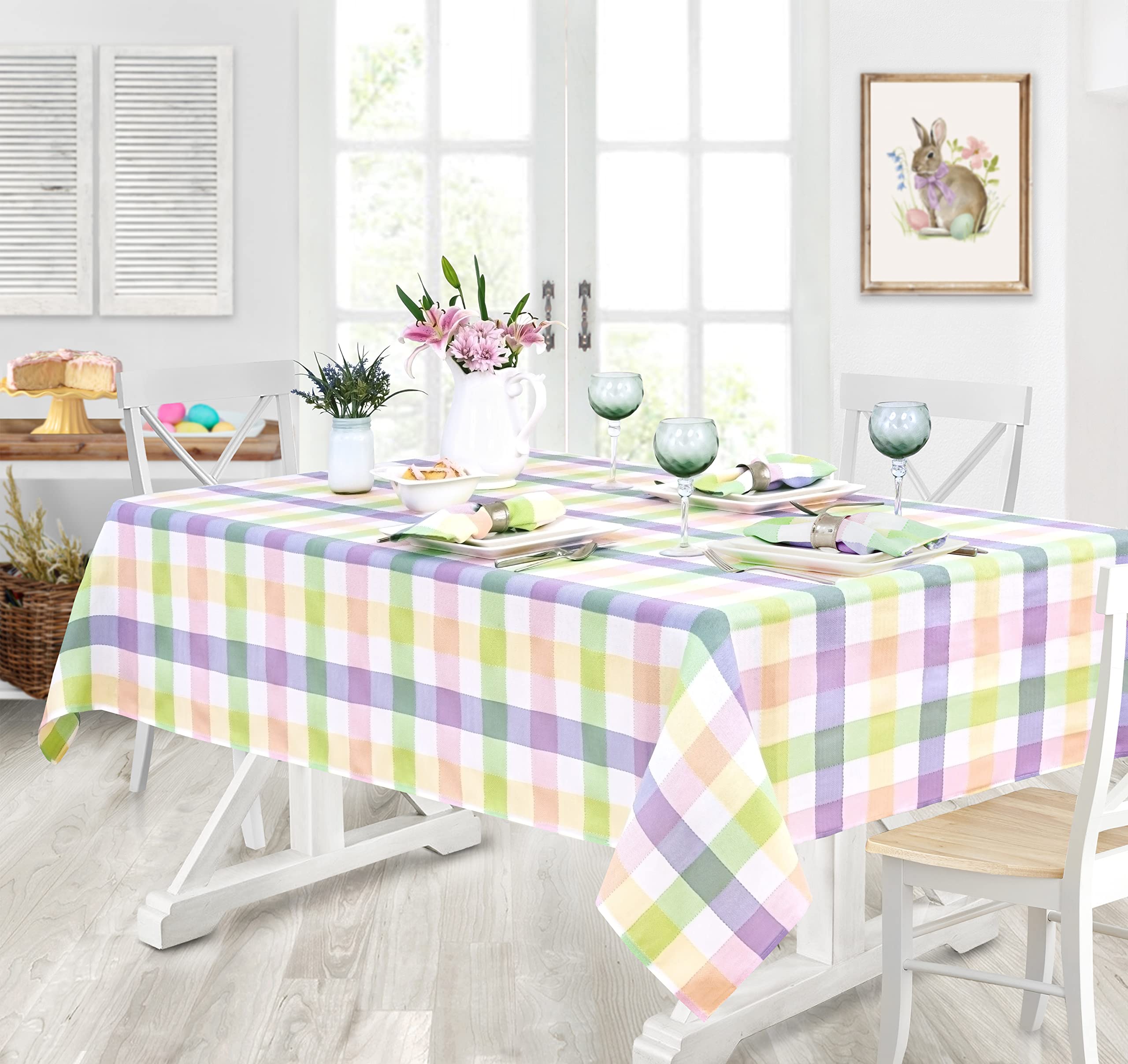 Home Bargains Plus Easter Fiona Plaid Round Fabric Tablecloth, 70 Inch, Indoor Outdoor Stain and Wrinkle Resistant Fabric Table Cloth for Holiday Parties, Yellow Purple Green Pastel Plaid - Image 5
