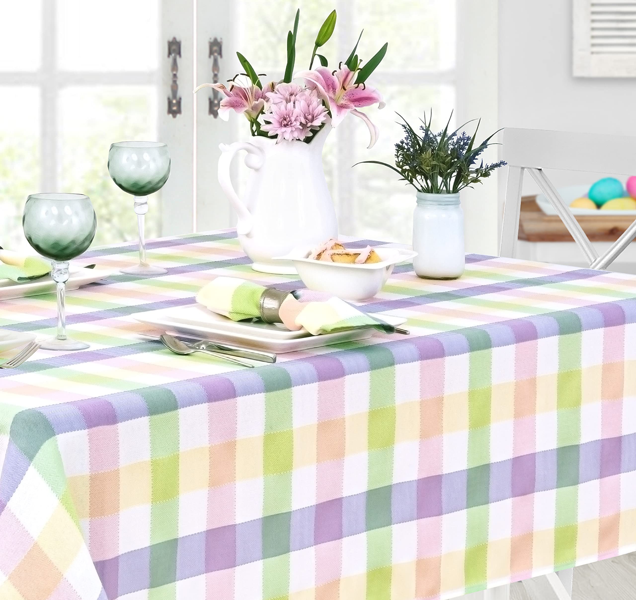 Home Bargains Plus Easter Fiona Plaid Round Fabric Tablecloth, 70 Inch, Indoor Outdoor Stain and Wrinkle Resistant Fabric Table Cloth for Holiday Parties, Yellow Purple Green Pastel Plaid - Image 6