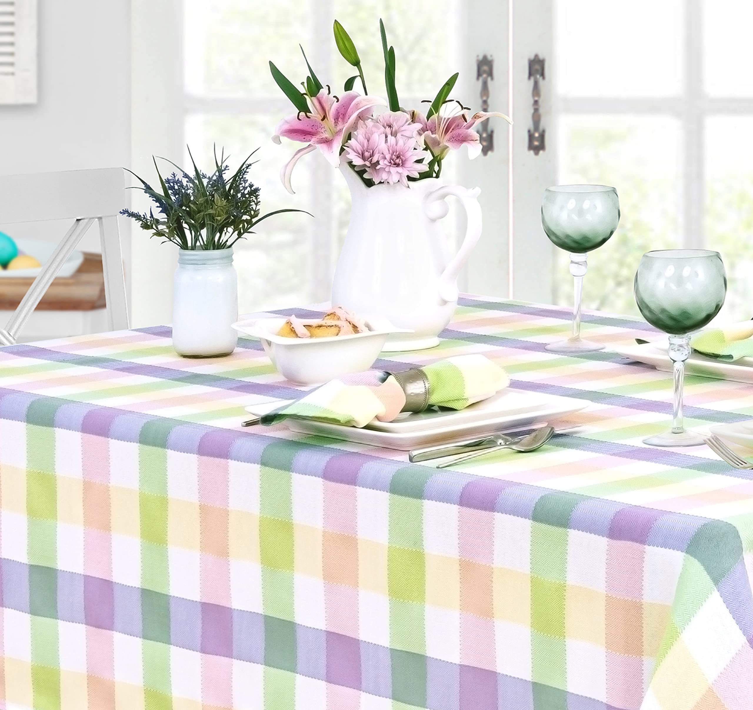 Home Bargains Plus Easter Fiona Plaid Round Fabric Tablecloth, 70 Inch, Indoor Outdoor Stain and Wrinkle Resistant Fabric Table Cloth for Holiday Parties, Yellow Purple Green Pastel Plaid - Image 7
