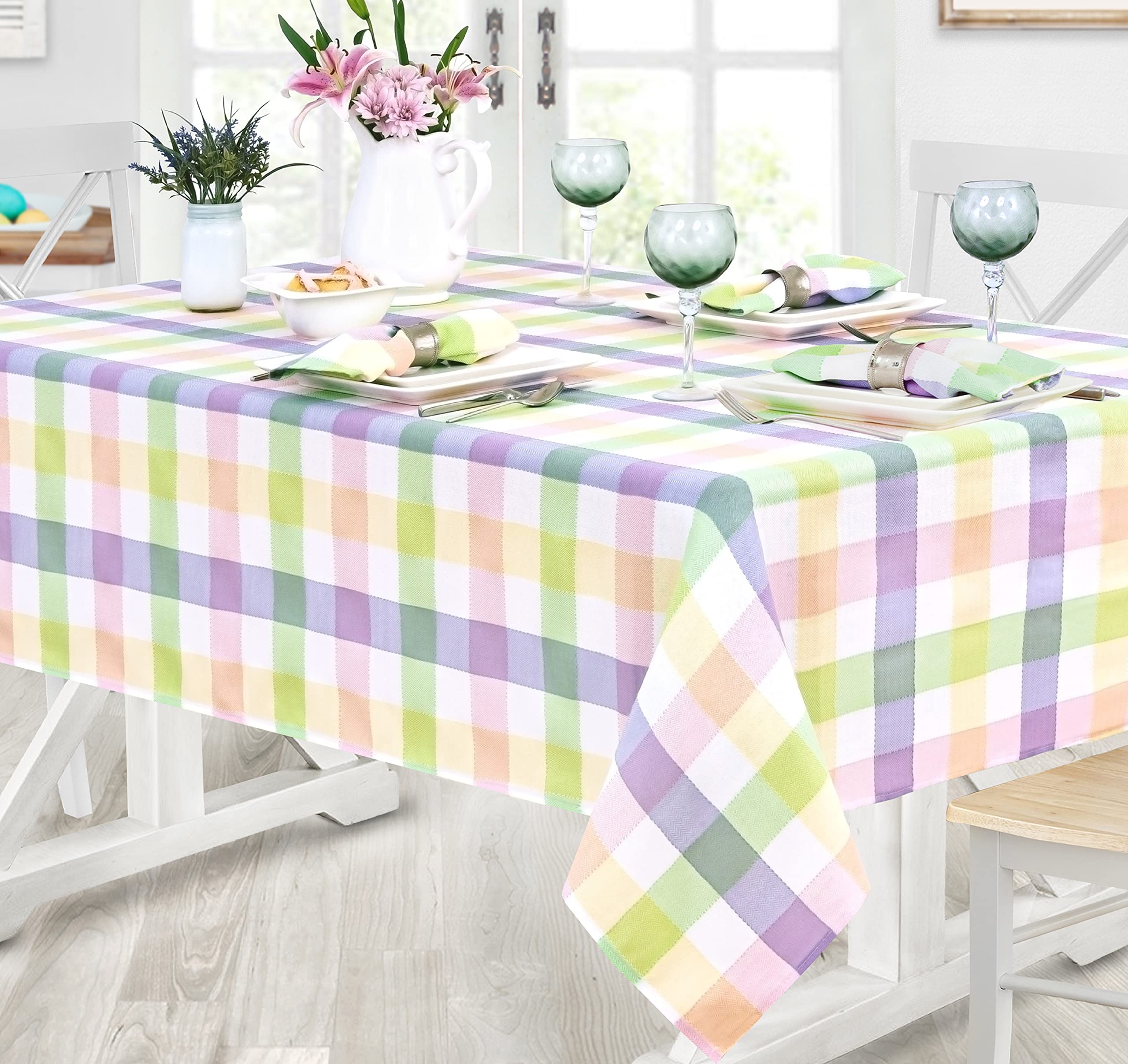 Home Bargains Plus Easter Fiona Plaid Round Fabric Tablecloth, 70 Inch, Indoor Outdoor Stain and Wrinkle Resistant Fabric Table Cloth for Holiday Parties, Yellow Purple Green Pastel Plaid - Image 8