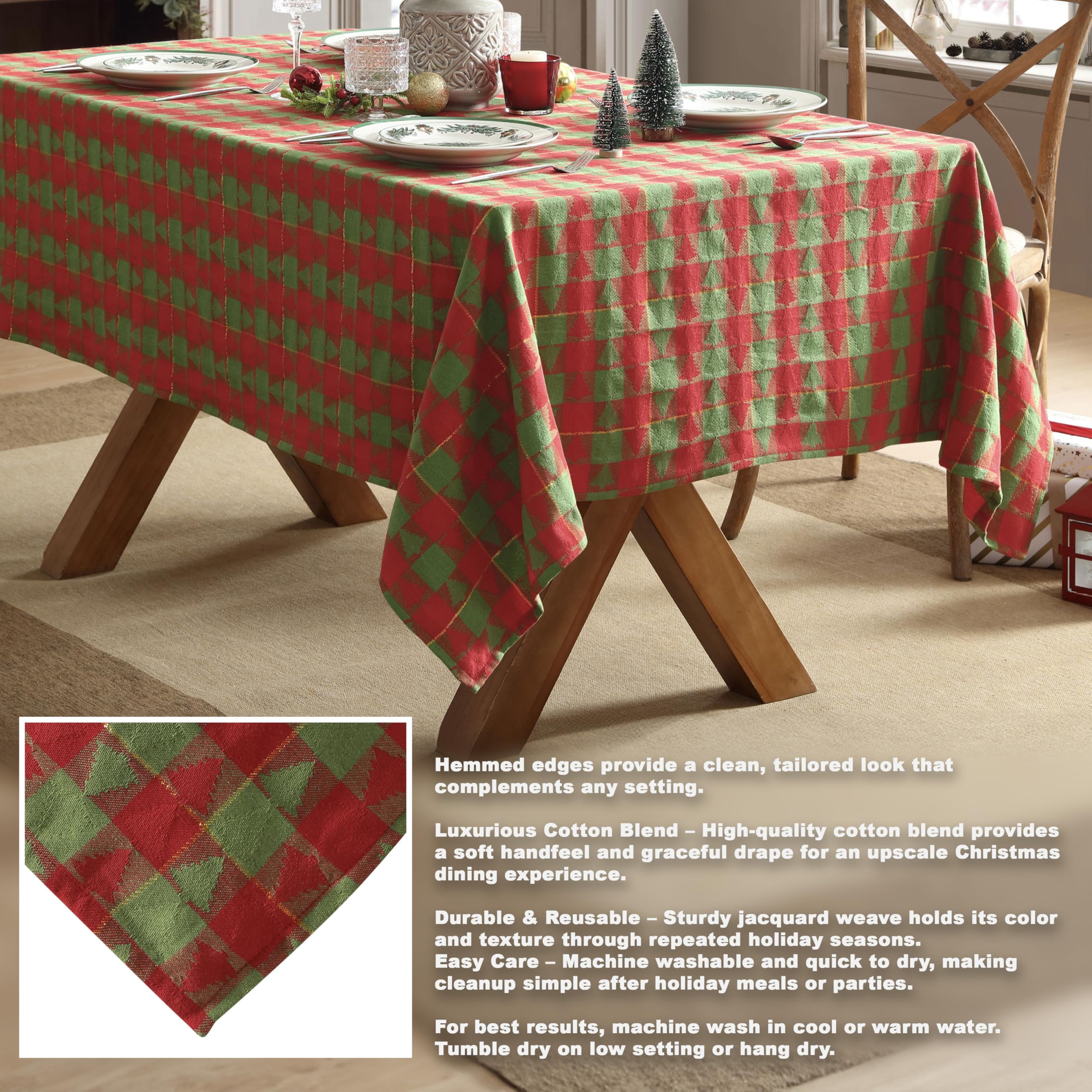 Home Bargains Plus Evergreen Tree Plaid Fabric Tablecloth, 52 x 70 Inch Rectangle, Red and Green Holiday Check with Tree Pattern, Cotton Blend Christmas Table Cover for Festive Dining - Image 3