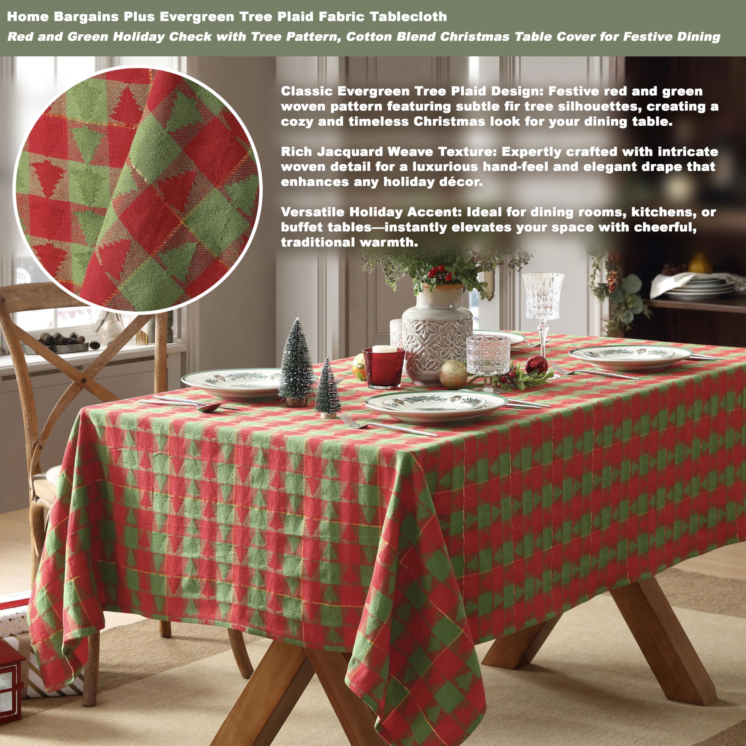 Home Bargains Plus Evergreen Tree Plaid Fabric Tablecloth, 52 x 70 Inch Rectangle, Red and Green Holiday Check with Tree Pattern, Cotton Blend Christmas Table Cover for Festive Dining - Image 4