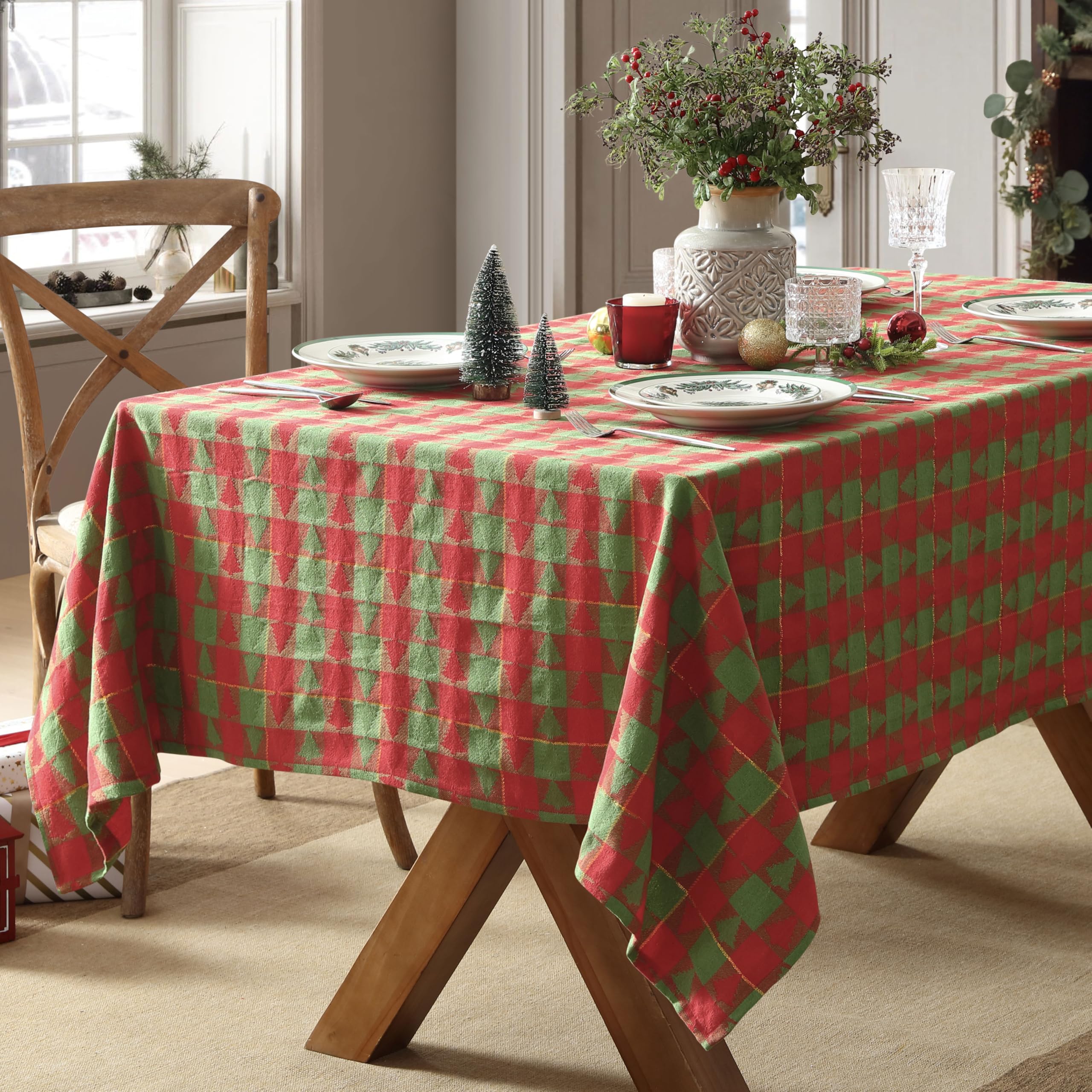 Home Bargains Plus Evergreen Tree Plaid Fabric Tablecloth, 52 x 70 Inch Rectangle, Red and Green Holiday Check with Tree Pattern, Cotton Blend Christmas Table Cover for Festive Dining - Image 5