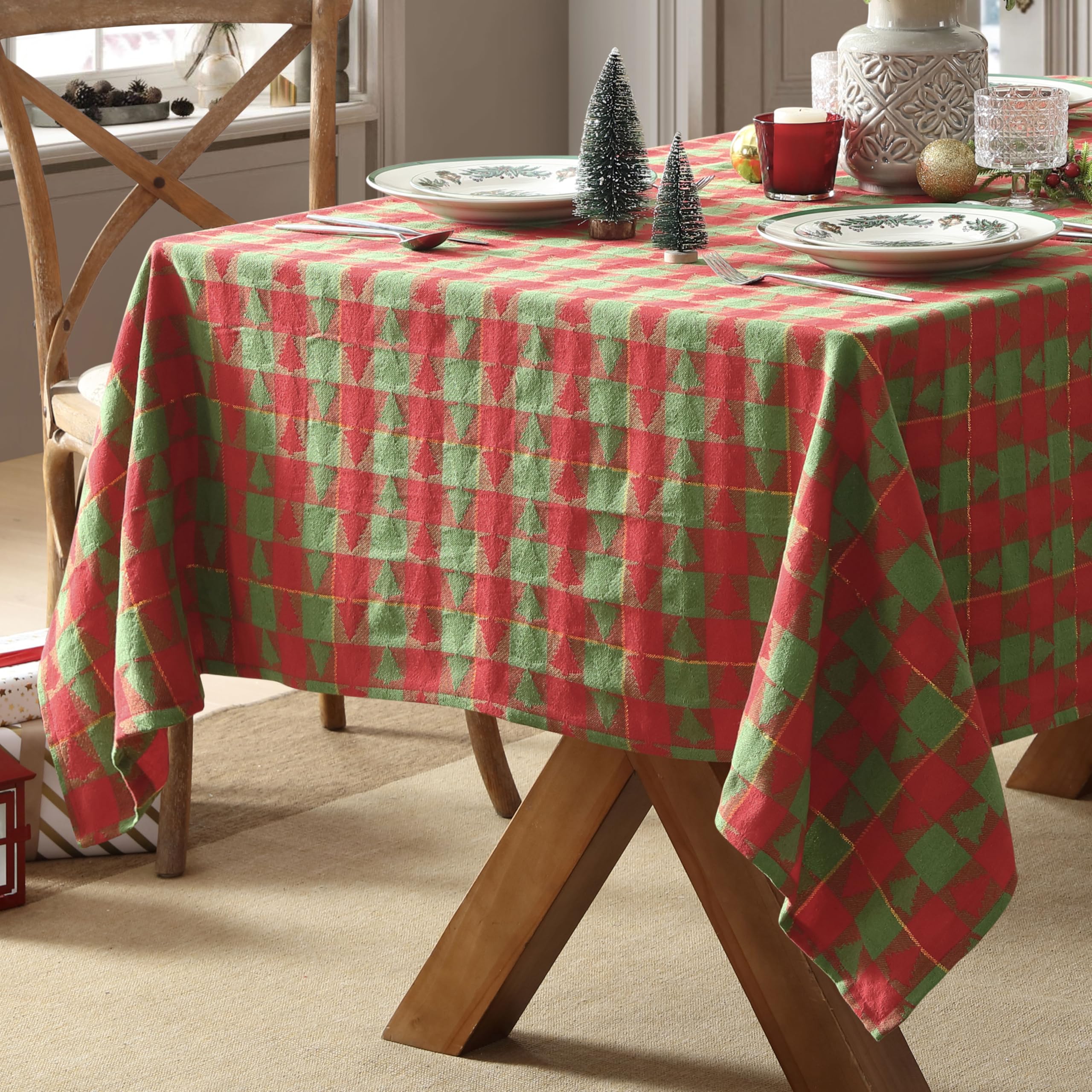 Home Bargains Plus Evergreen Tree Plaid Fabric Tablecloth, 52 x 70 Inch Rectangle, Red and Green Holiday Check with Tree Pattern, Cotton Blend Christmas Table Cover for Festive Dining - Image 6