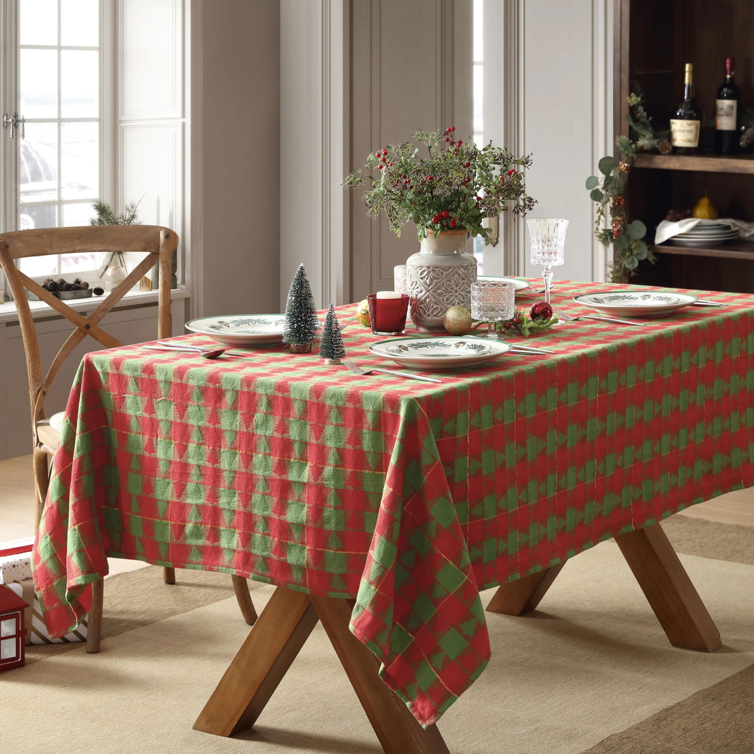 Home Bargains Plus Evergreen Tree Plaid Fabric Tablecloth, 52 x 70 Inch Rectangle, Red and Green Holiday Check with Tree Pattern, Cotton Blend Christmas Table Cover for Festive Dining - Image 7