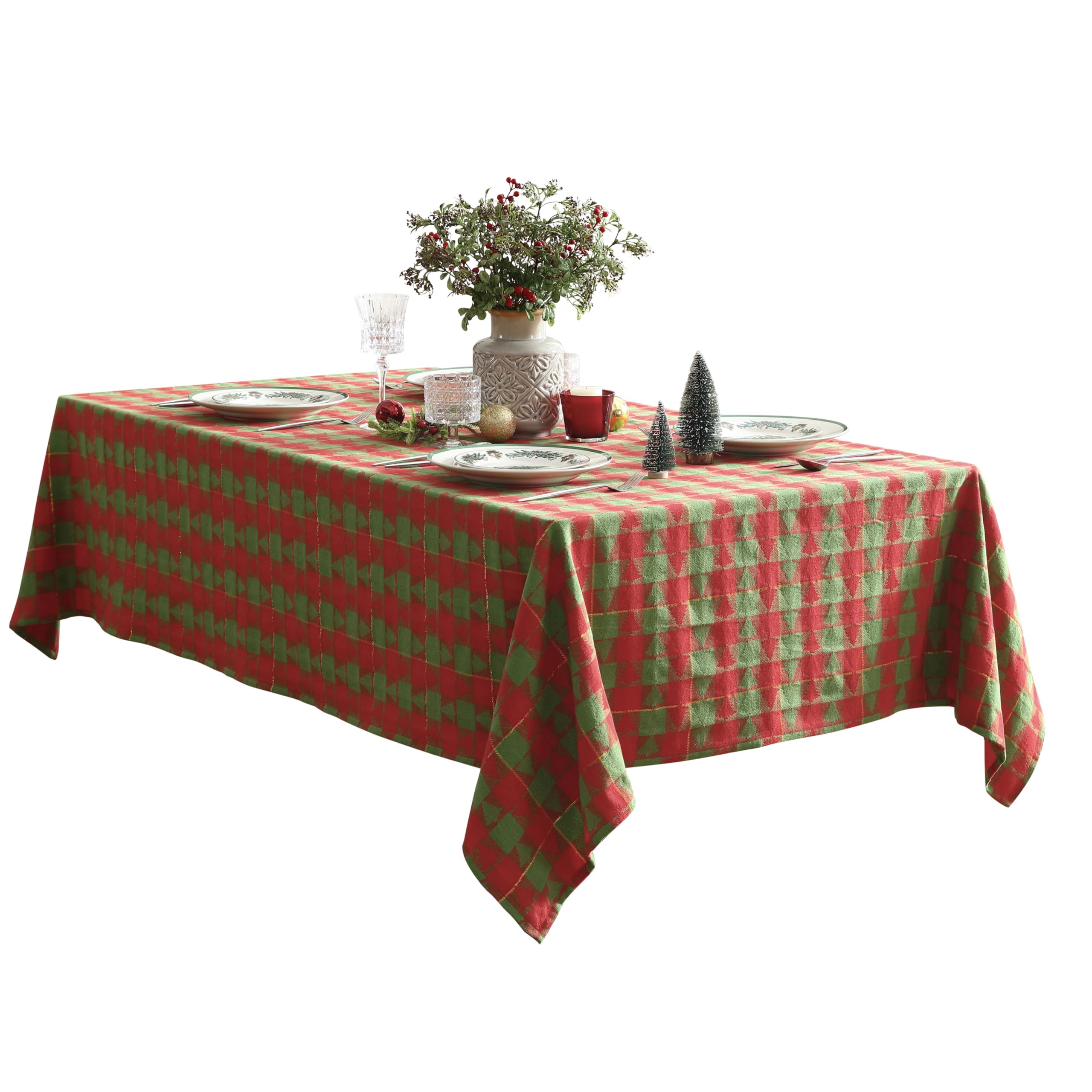 Home Bargains Plus Evergreen Tree Plaid Fabric Tablecloth, 52 x 70 Inch Rectangle, Red and Green Holiday Check with Tree Pattern, Cotton Blend Christmas Table Cover for Festive Dining - Image 8