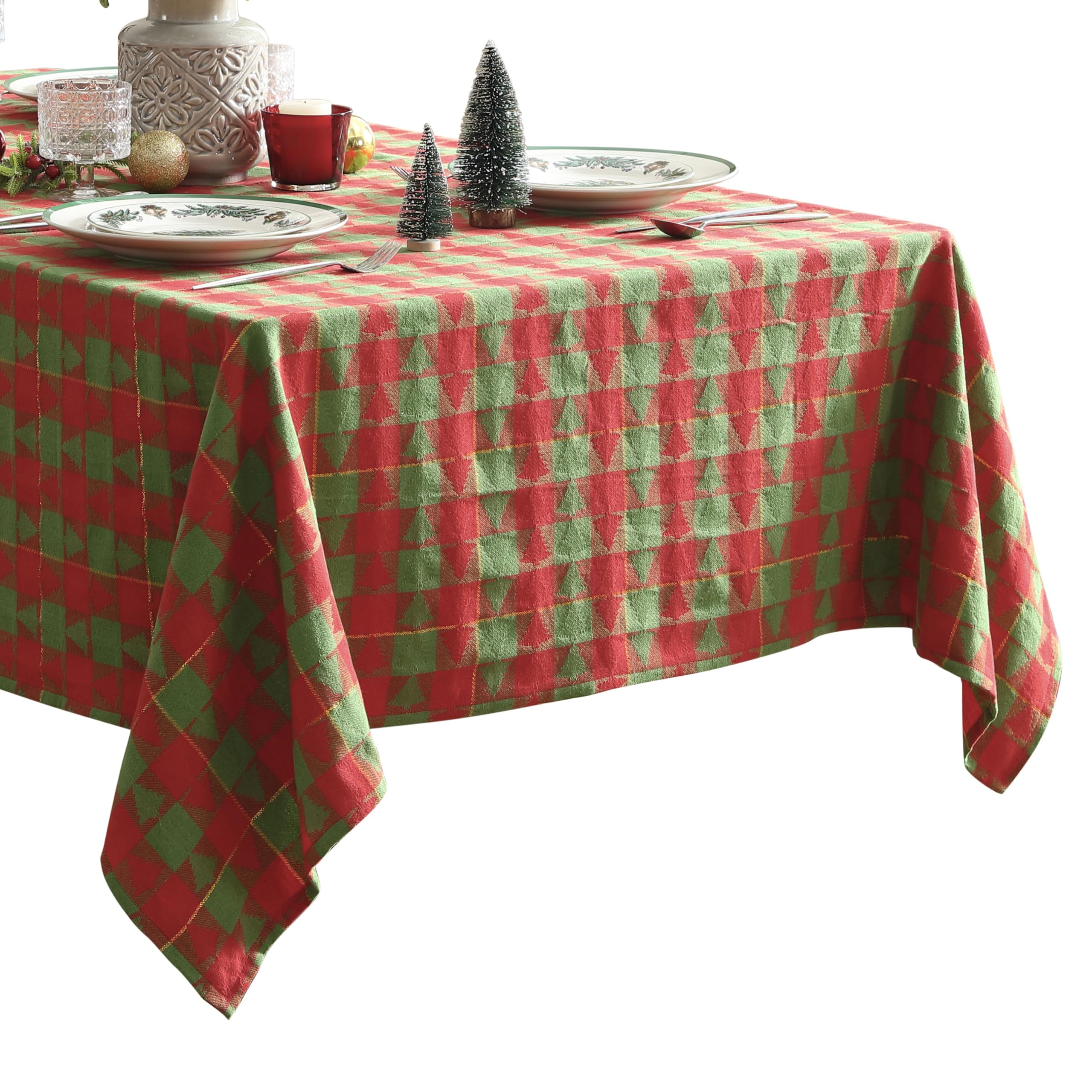 Home Bargains Plus Evergreen Tree Plaid Fabric Tablecloth, 52 x 70 Inch Rectangle, Red and Green Holiday Check with Tree Pattern, Cotton Blend Christmas Table Cover for Festive Dining - Image 9