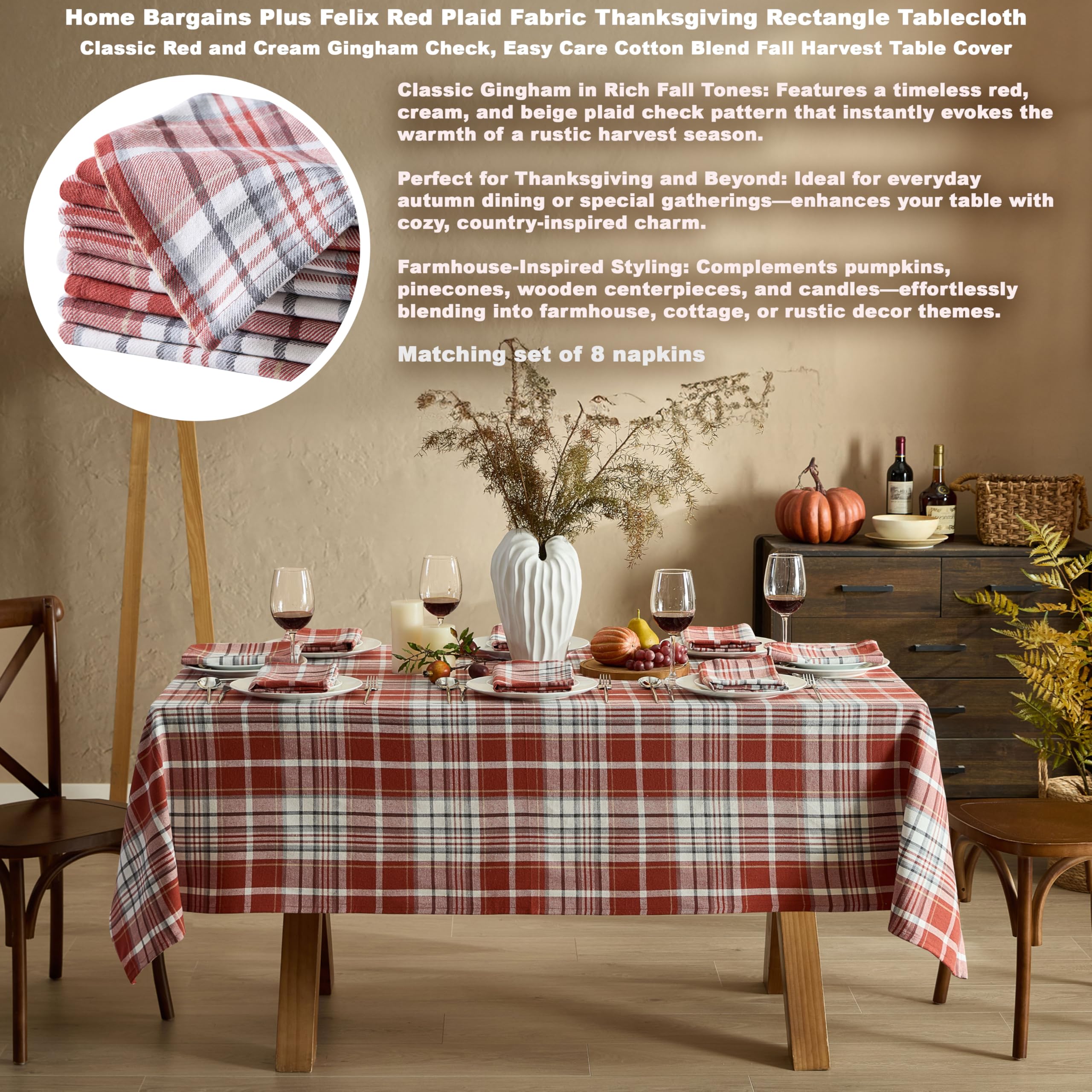 Home Bargains Plus Felix Red Plaid Fabric Tablecloth, 52 x 70 Inch Rectangle, Classic Woven Gingham Check, Easy Care Cotton Blend Lodge Dining Table Cover - Image 3
