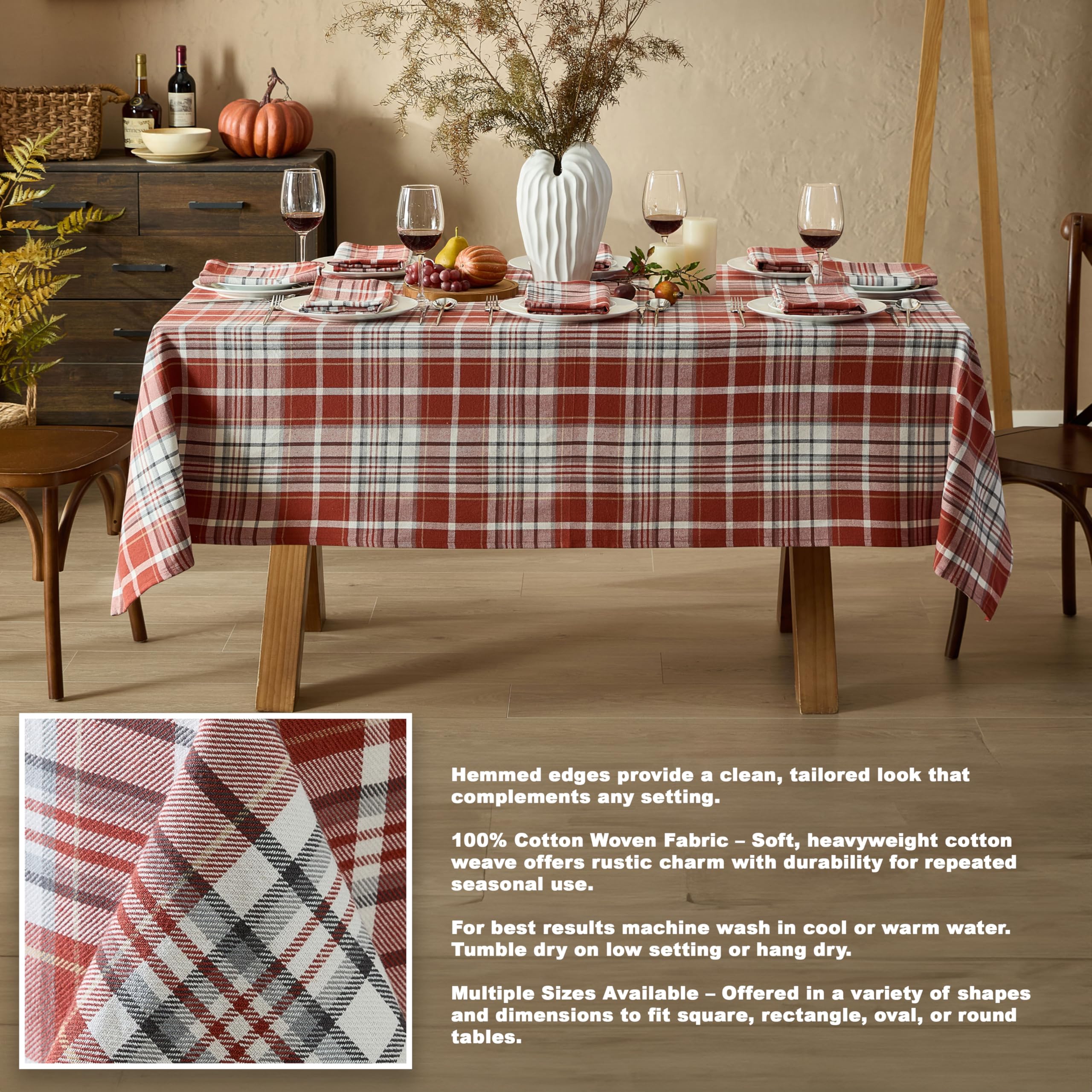 Home Bargains Plus Felix Red Plaid Fabric Tablecloth, 52 x 70 Inch Rectangle, Classic Woven Gingham Check, Easy Care Cotton Blend Lodge Dining Table Cover - Image 4