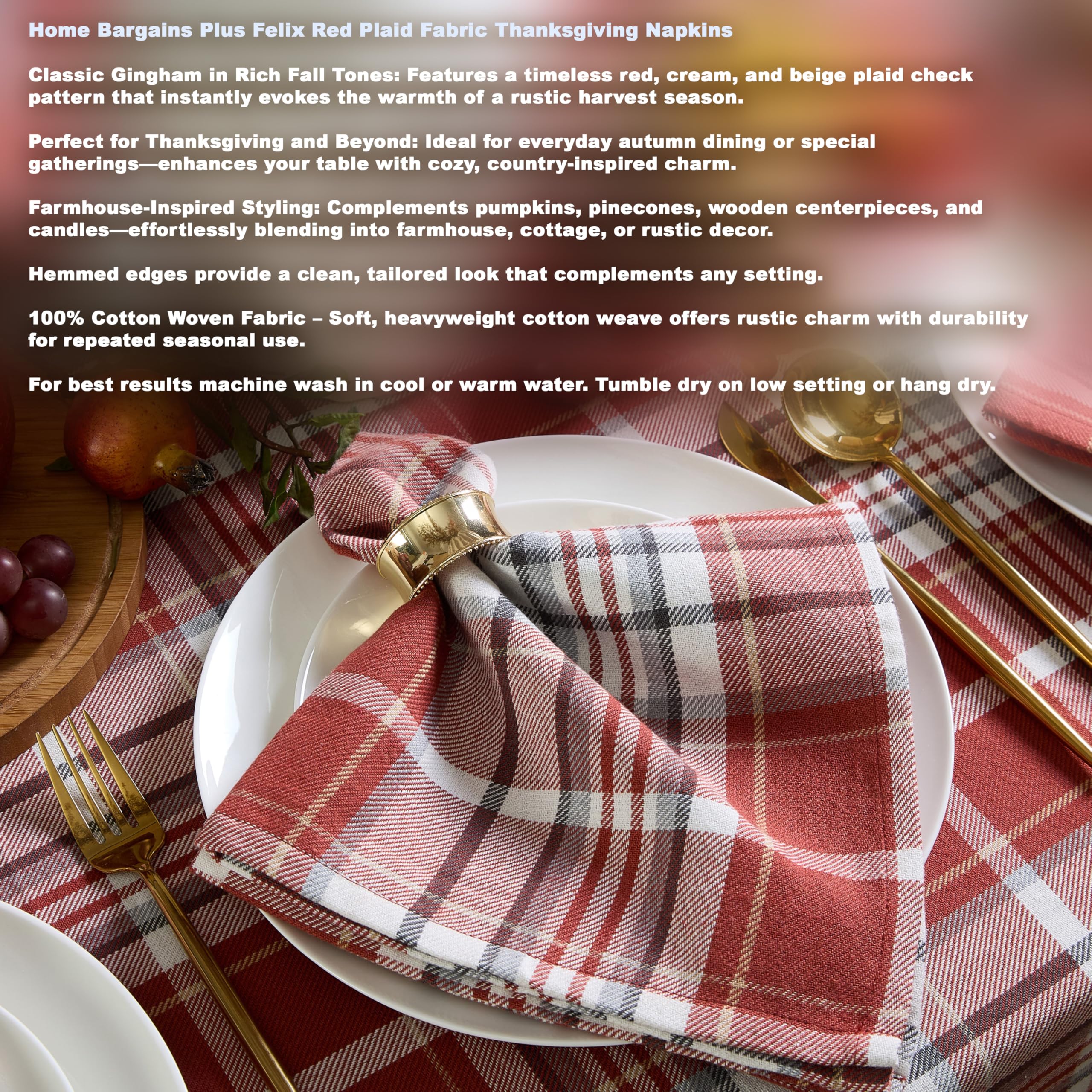Home Bargains Plus Felix Red Plaid Fabric Tablecloth, 52 x 70 Inch Rectangle, Classic Woven Gingham Check, Easy Care Cotton Blend Lodge Dining Table Cover - Image 5