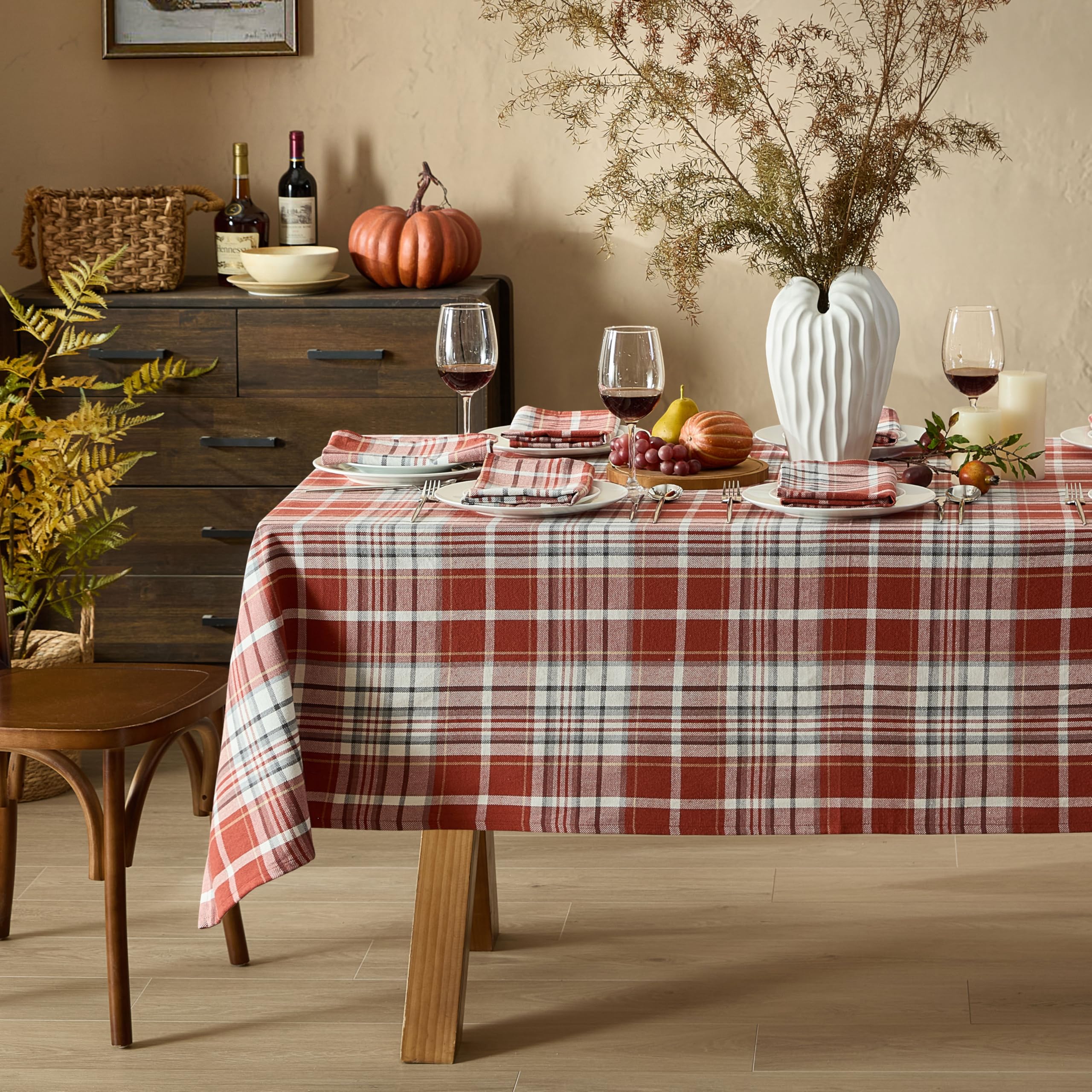 Home Bargains Plus Felix Red Plaid Fabric Tablecloth, 52 x 70 Inch Rectangle, Classic Woven Gingham Check, Easy Care Cotton Blend Lodge Dining Table Cover - Image 6