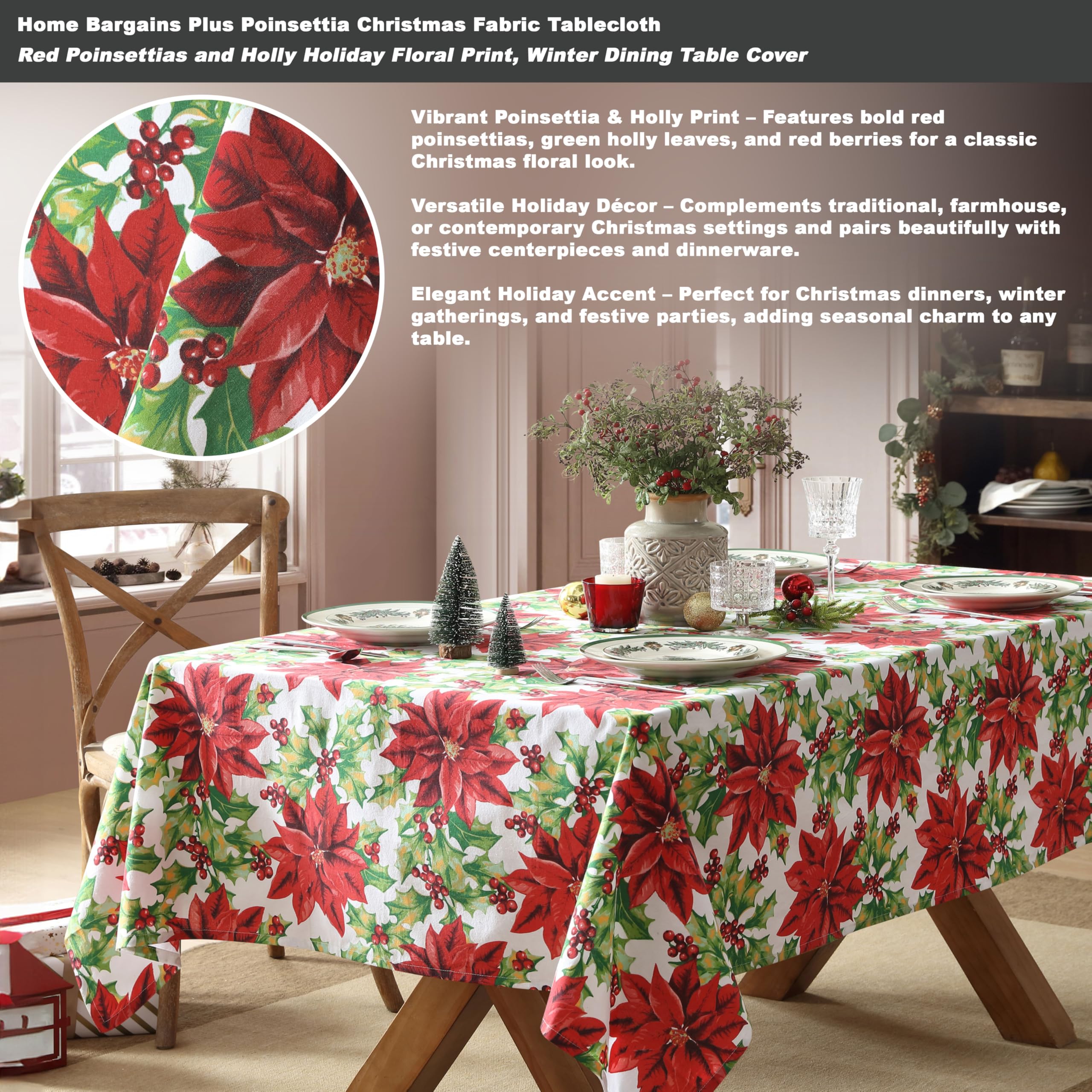 Home Bargains Plus Poinsettia Christmas Fabric Tablecloth, 52 x 70 Inch Rectangle, Red Poinsettias and Holly Holiday Floral Print, Winter Dining Table Cover, Holiday Table Decoration - Image 3