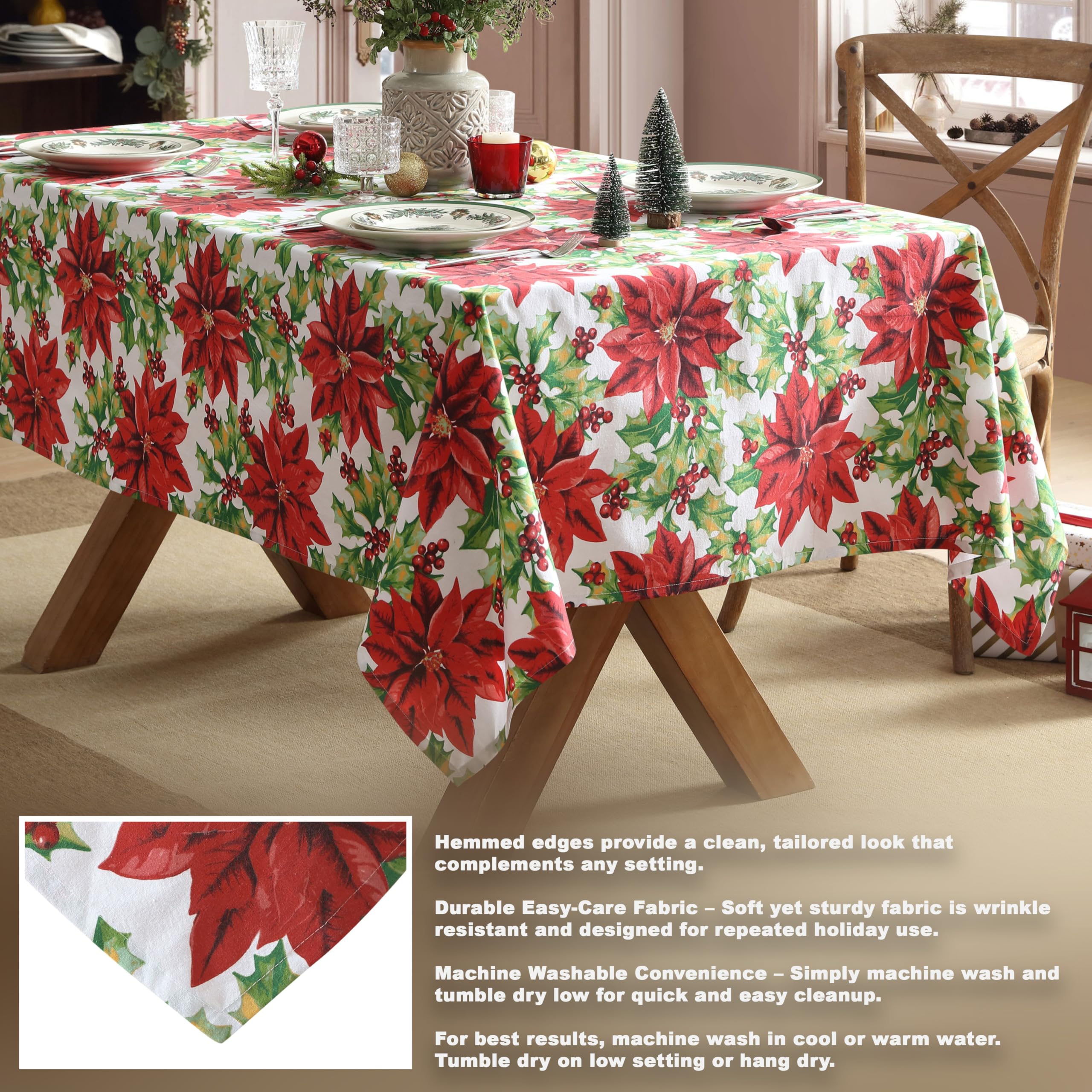 Home Bargains Plus Poinsettia Christmas Fabric Tablecloth, 52 x 70 Inch Rectangle, Red Poinsettias and Holly Holiday Floral Print, Winter Dining Table Cover, Holiday Table Decoration - Image 4