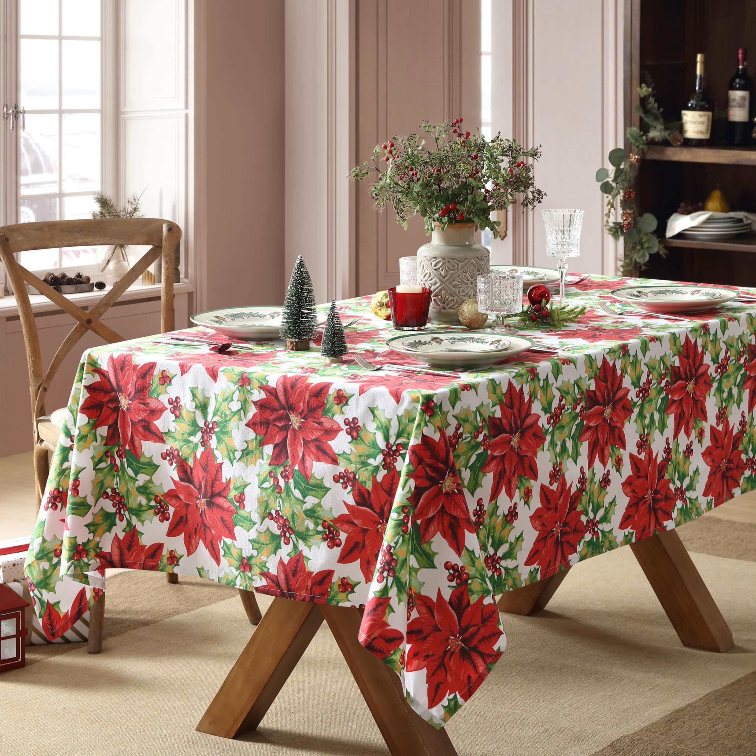 Home Bargains Plus Poinsettia Christmas Fabric Tablecloth, 52 x 70 Inch Rectangle, Red Poinsettias and Holly Holiday Floral Print, Winter Dining Table Cover, Holiday Table Decoration - Image 5