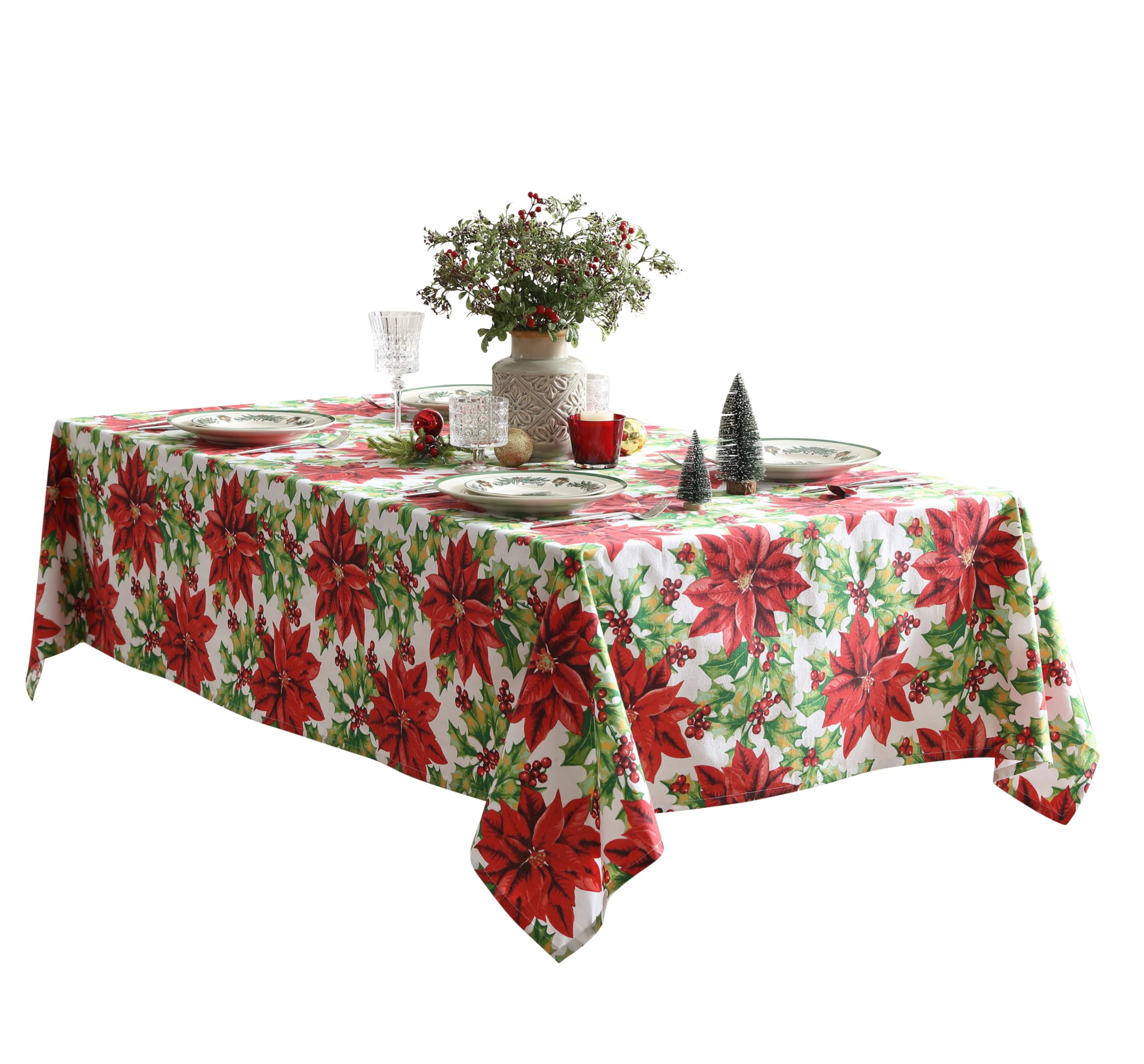 Home Bargains Plus Poinsettia Christmas Fabric Tablecloth, 52 x 70 Inch Rectangle, Red Poinsettias and Holly Holiday Floral Print, Winter Dining Table Cover, Holiday Table Decoration - Image 6