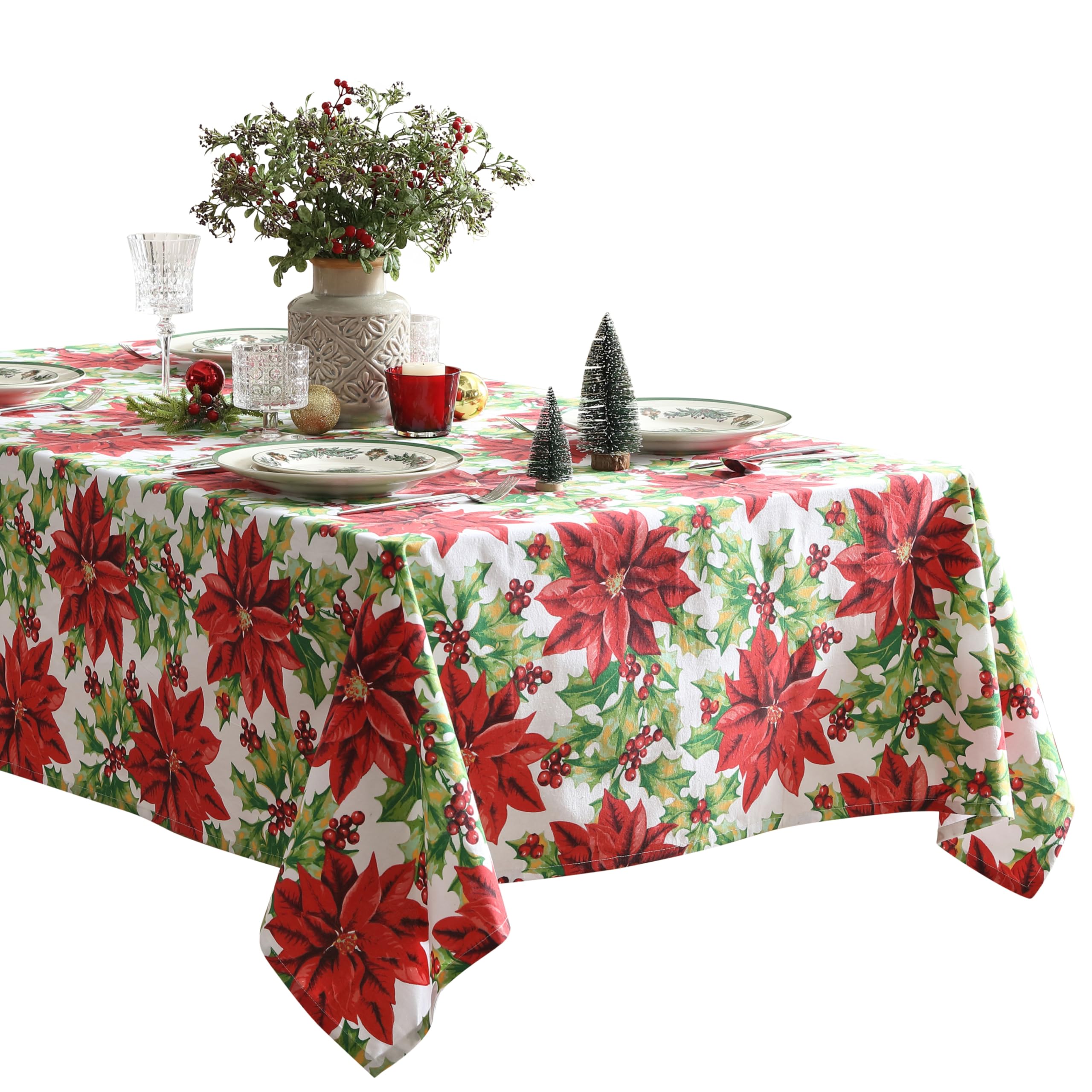 Home Bargains Plus Poinsettia Christmas Fabric Tablecloth, 52 x 70 Inch Rectangle, Red Poinsettias and Holly Holiday Floral Print, Winter Dining Table Cover, Holiday Table Decoration - Image 7