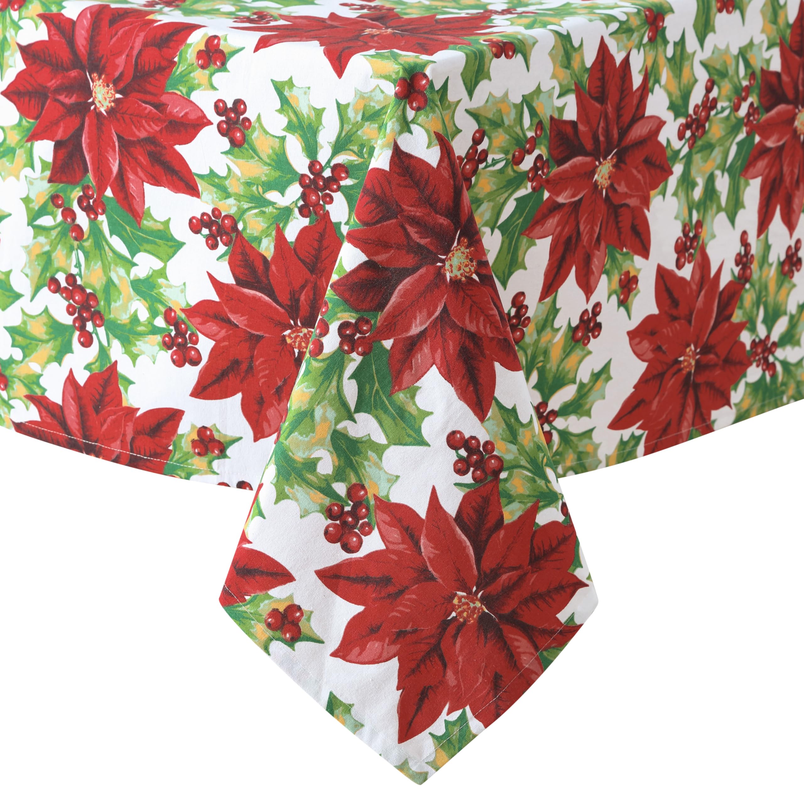 Home Bargains Plus Poinsettia Christmas Fabric Tablecloth, 52 x 70 Inch Rectangle, Red Poinsettias and Holly Holiday Floral Print, Winter Dining Table Cover, Holiday Table Decoration - Image 8