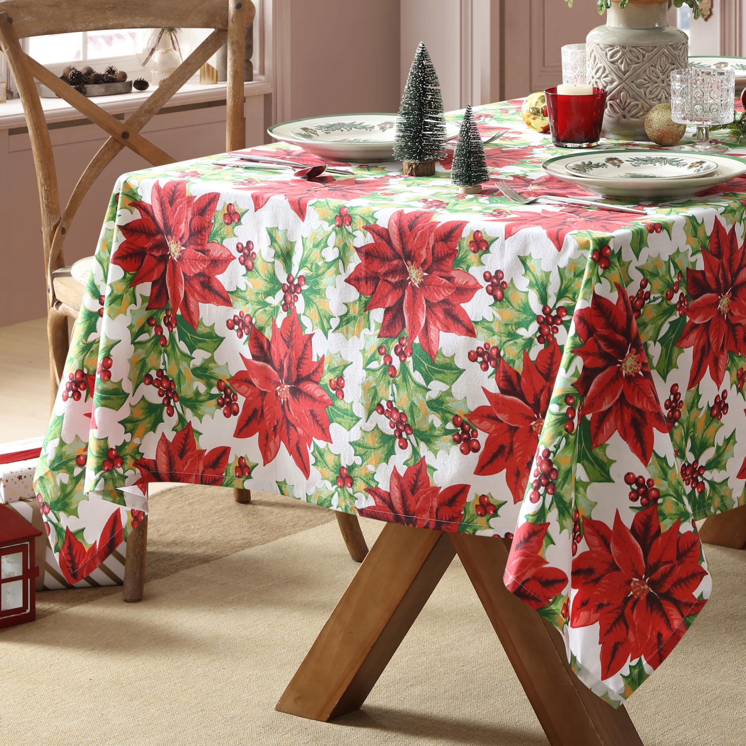 Home Bargains Plus Poinsettia Christmas Fabric Tablecloth, 52 x 70 Inch Rectangle, Red Poinsettias and Holly Holiday Floral Print, Winter Dining Table Cover, Holiday Table Decoration - Image 9