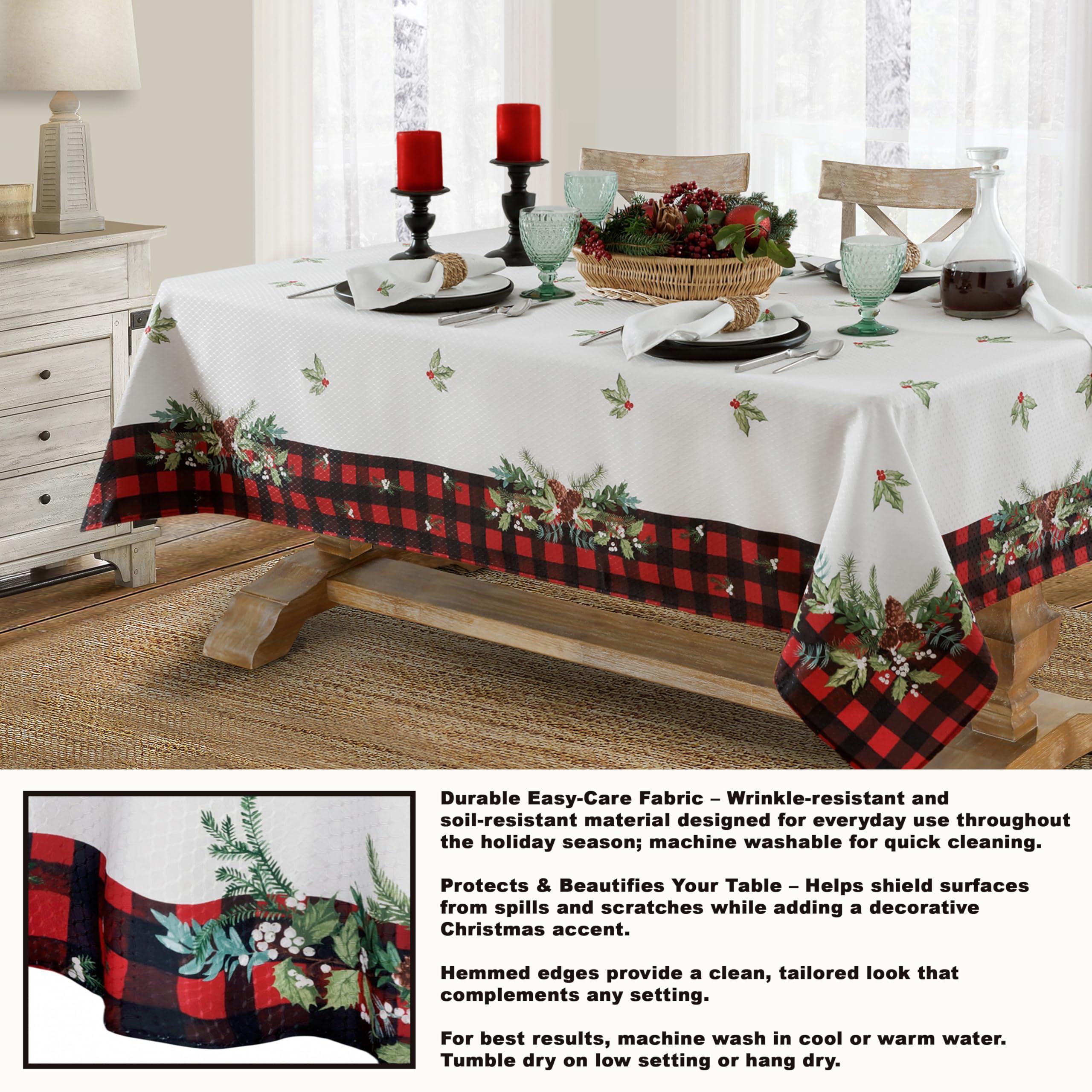 Lintex Aspen Christmas Fabric Tablecloth – Red & Black Buffalo Plaid with Garland Border – Easy Care Holiday Table Cover, 52 x 52 inch Square - Image 3