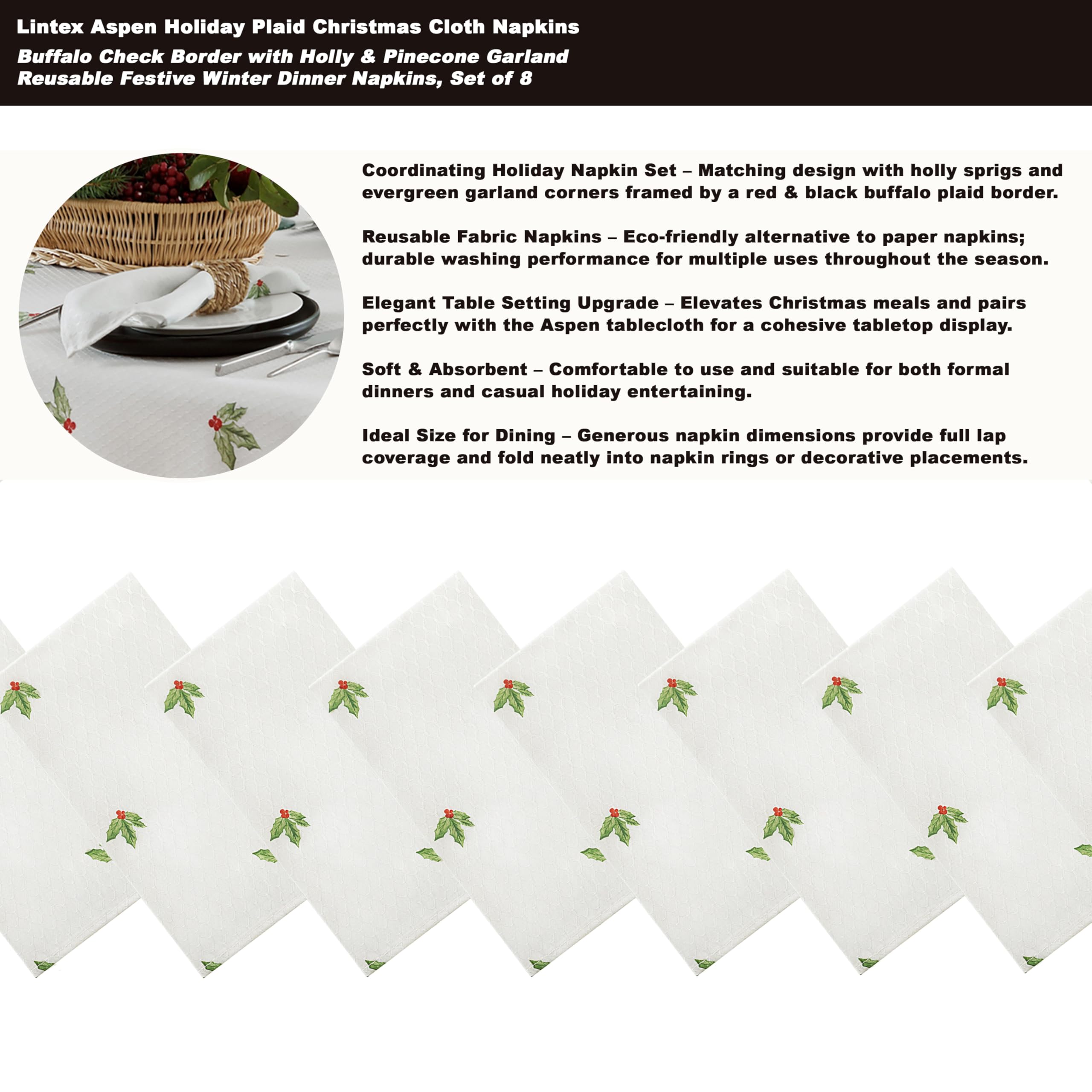 Lintex Aspen Christmas Fabric Tablecloth – Red & Black Buffalo Plaid with Garland Border – Easy Care Holiday Table Cover, 52 x 52 inch Square - Image 4