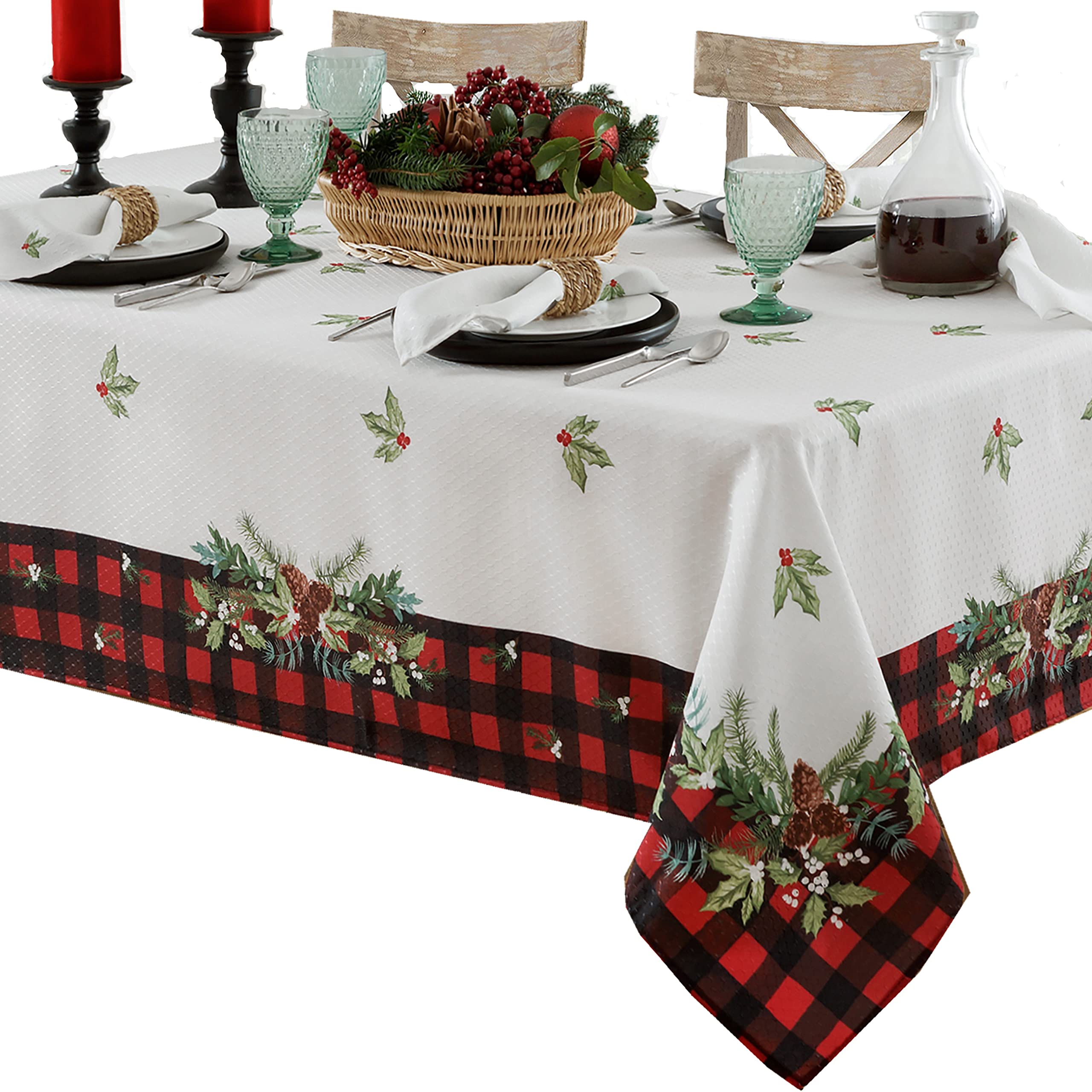 Lintex Aspen Christmas Fabric Tablecloth – Red & Black Buffalo Plaid with Garland Border – Easy Care Holiday Table Cover, 52 x 52 inch Square - Image 7