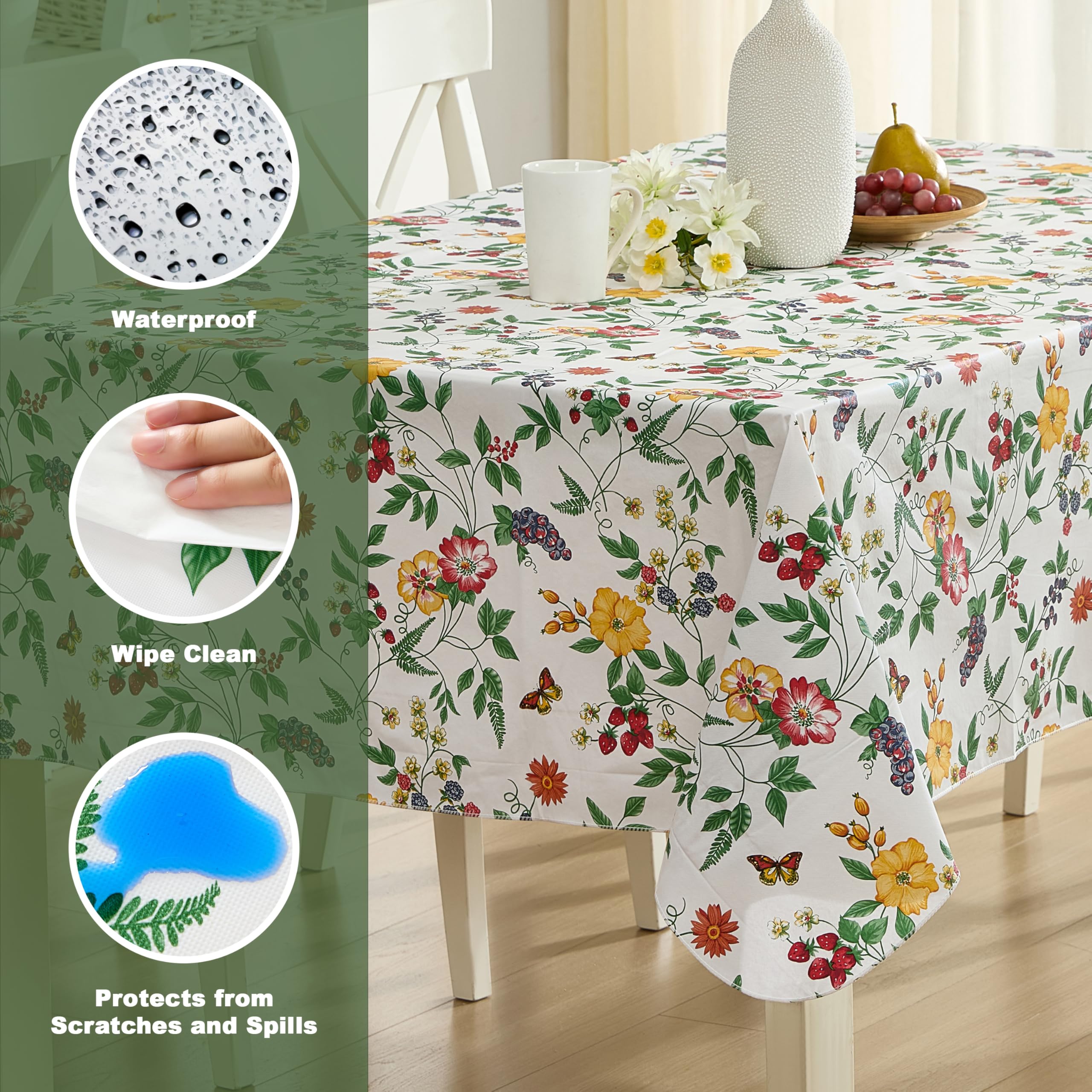 Lintex English Berry Garden Heavy 4 Gauge Vinyl Flannel Backed Tablecloth, Strawberry Garden Floral Indoor/Outdoor Wipe Clean Picnic, Kitchen, Dining Room Tablecloth - 60” x 84” Oblong/Rectangle - Image 3