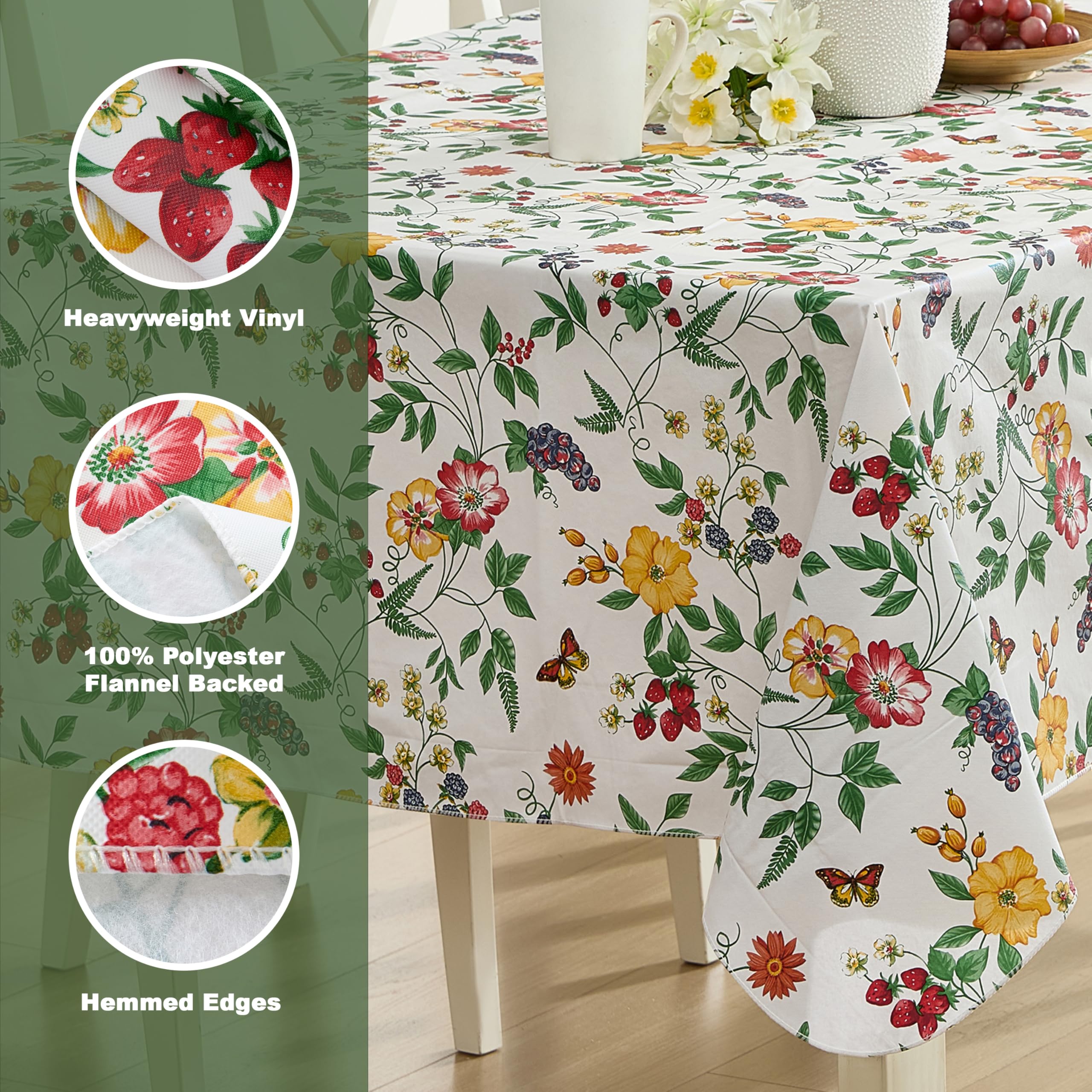 Lintex English Berry Garden Heavy 4 Gauge Vinyl Flannel Backed Tablecloth, Strawberry Garden Floral Indoor/Outdoor Wipe Clean Picnic, Kitchen, Dining Room Tablecloth - 60” x 84” Oblong/Rectangle - Image 4