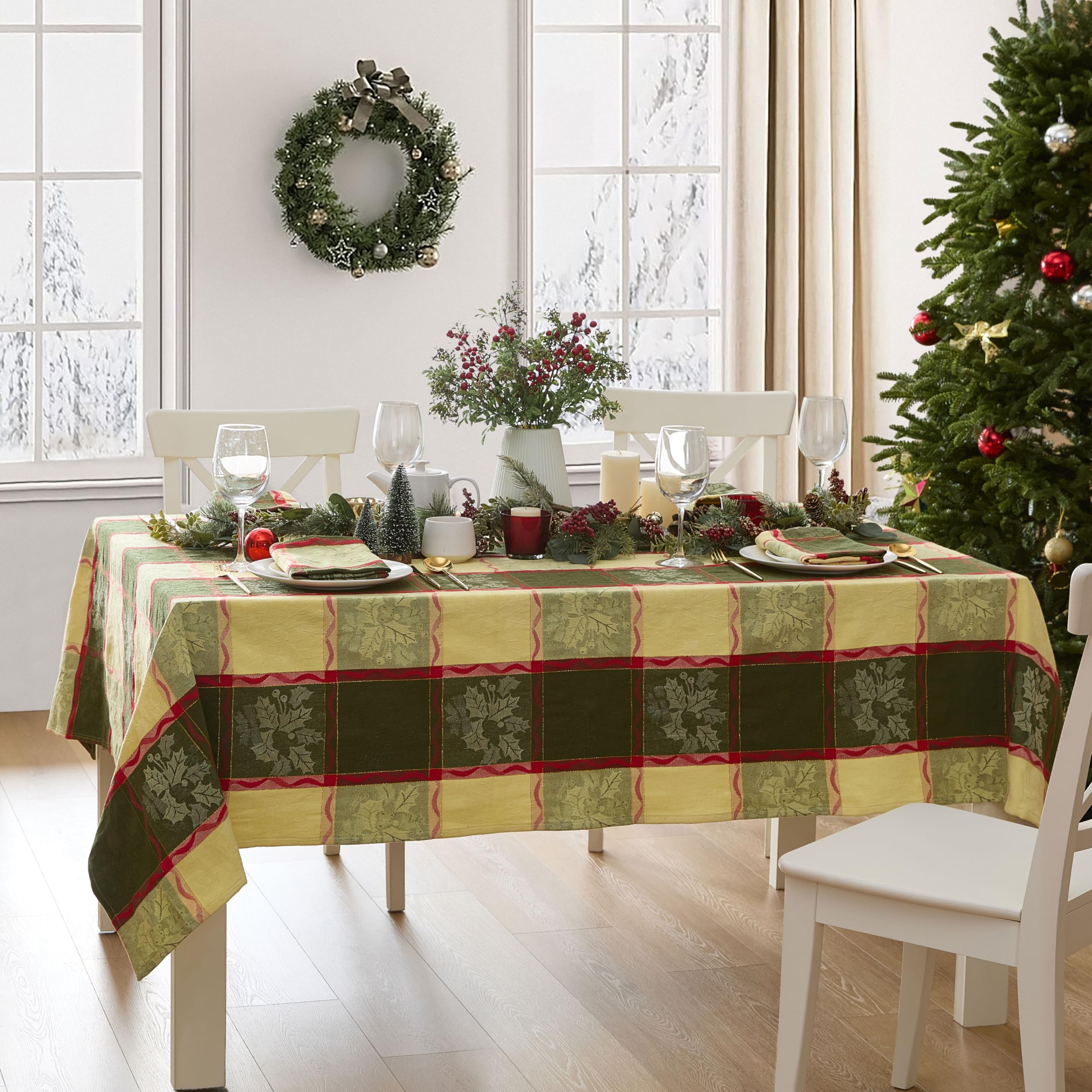 Lintex Golden Mistletoe and Ribbon Cotton Jacquard Christmas Fabric Tablecloth, Evergreen, Red Ribbon and Berry Woven Holiday and Xmas Easy Care Cotton Weave Tablecloth, 52" x 52" Square - Image 4