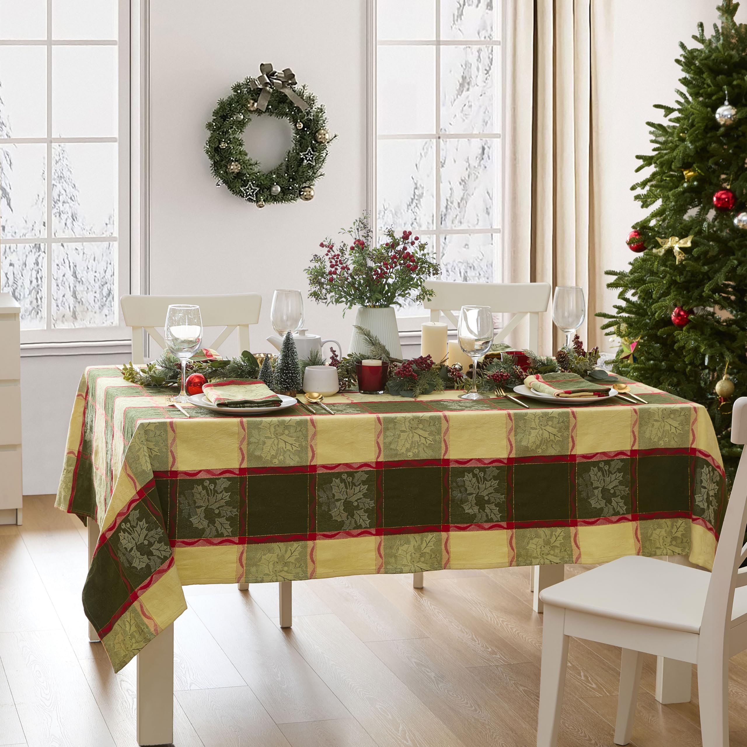 Lintex Golden Mistletoe and Ribbon Cotton Jacquard Christmas Fabric Tablecloth, Evergreen, Red Ribbon and Berry Woven Holiday and Xmas Easy Care Cotton Weave Tablecloth, 52" x 52" Square - Image 5