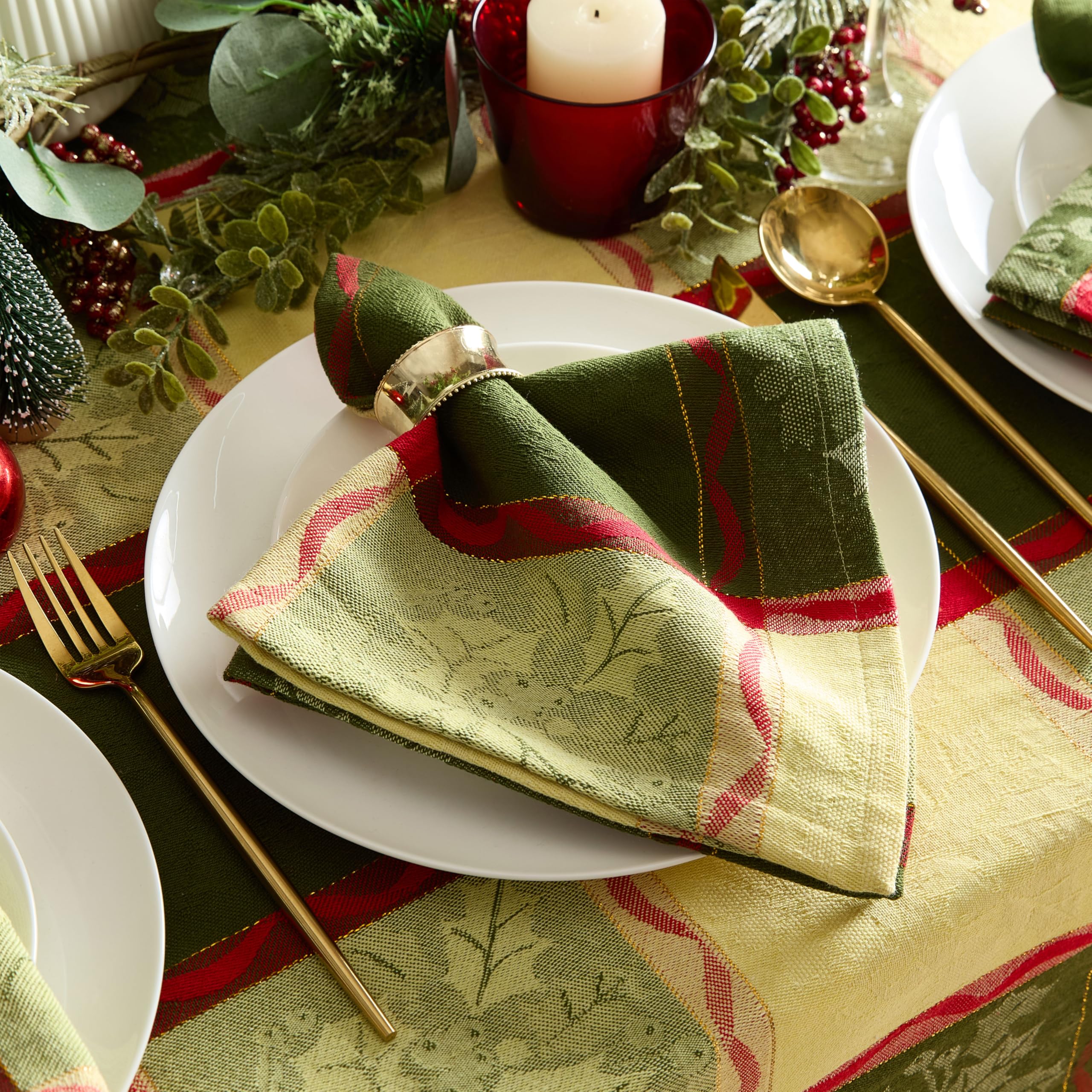Lintex Golden Mistletoe and Ribbon Cotton Jacquard Christmas Fabric Tablecloth, Evergreen, Red Ribbon and Berry Woven Holiday and Xmas Easy Care Cotton Weave Tablecloth, 52" x 52" Square - Image 8